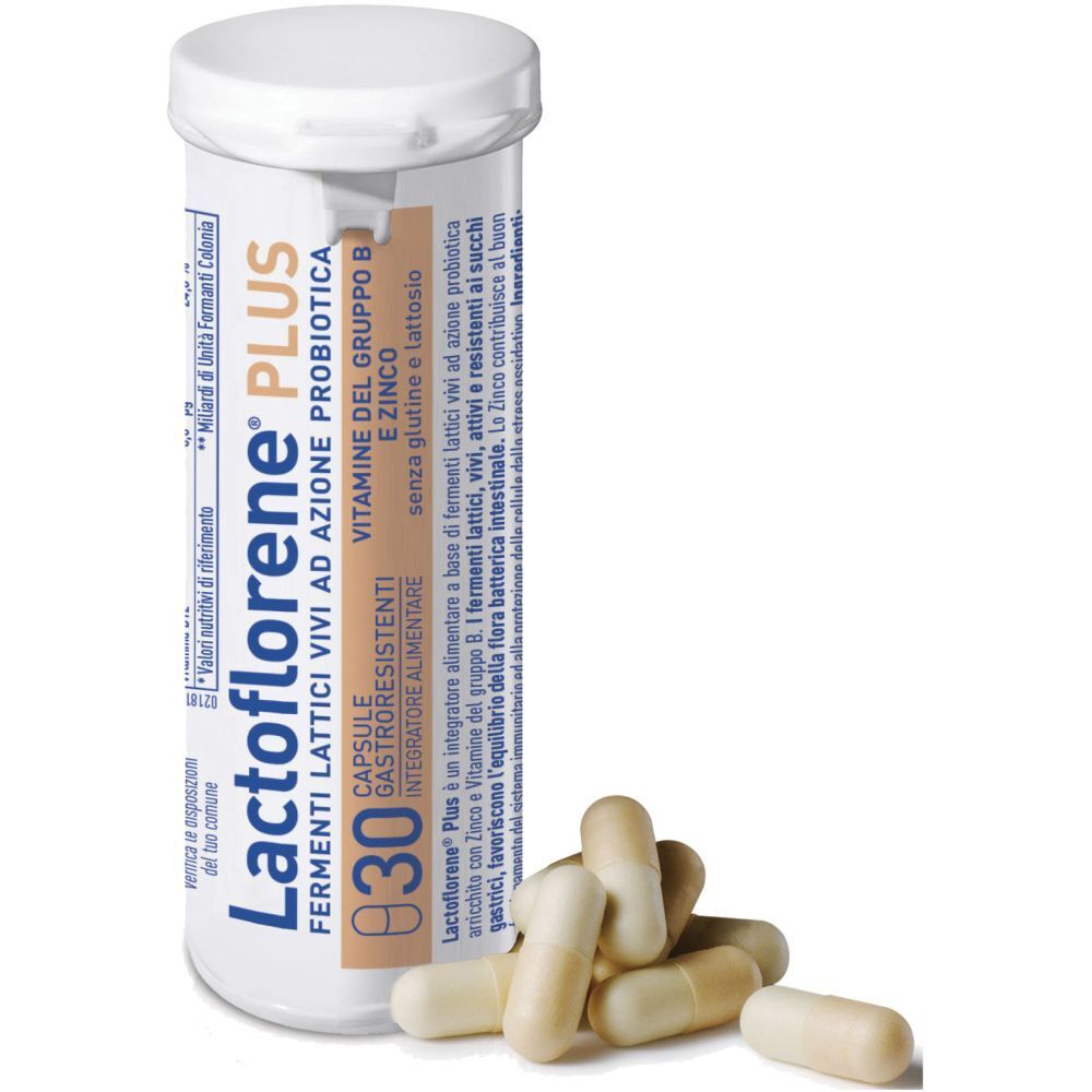 Contenitore cilindrico bianco con capsule. Scritta Lactoflorene® PLUS, 30 capsule. Contiene fermenti lattici vivi, vitamina B e zinco.