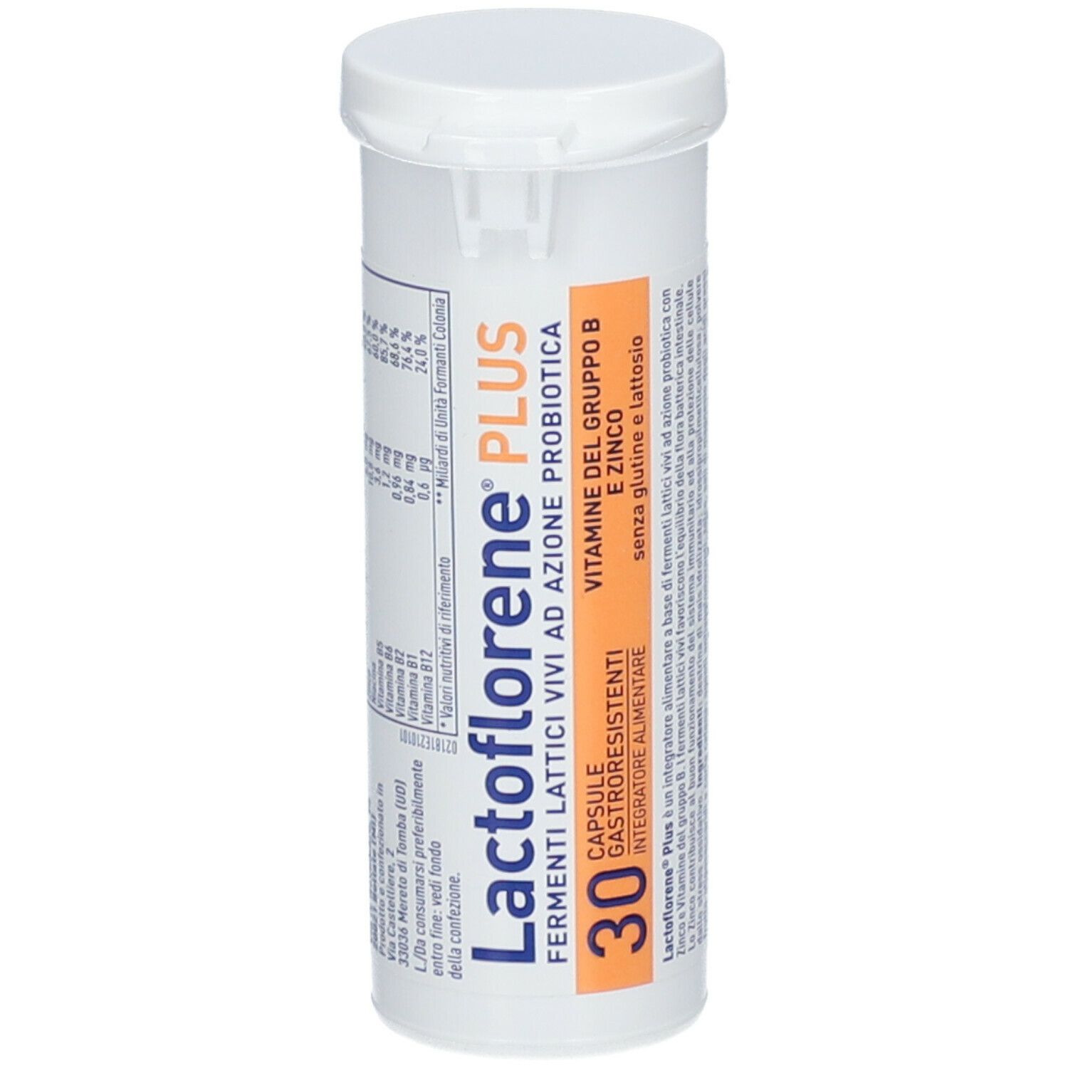 Contenitore cilindrico bianco con coperchio. Scritta Lactoflorene® PLUS, 30 capsule. Contiene fermenti lattici vivi, vitamina B e zinco.