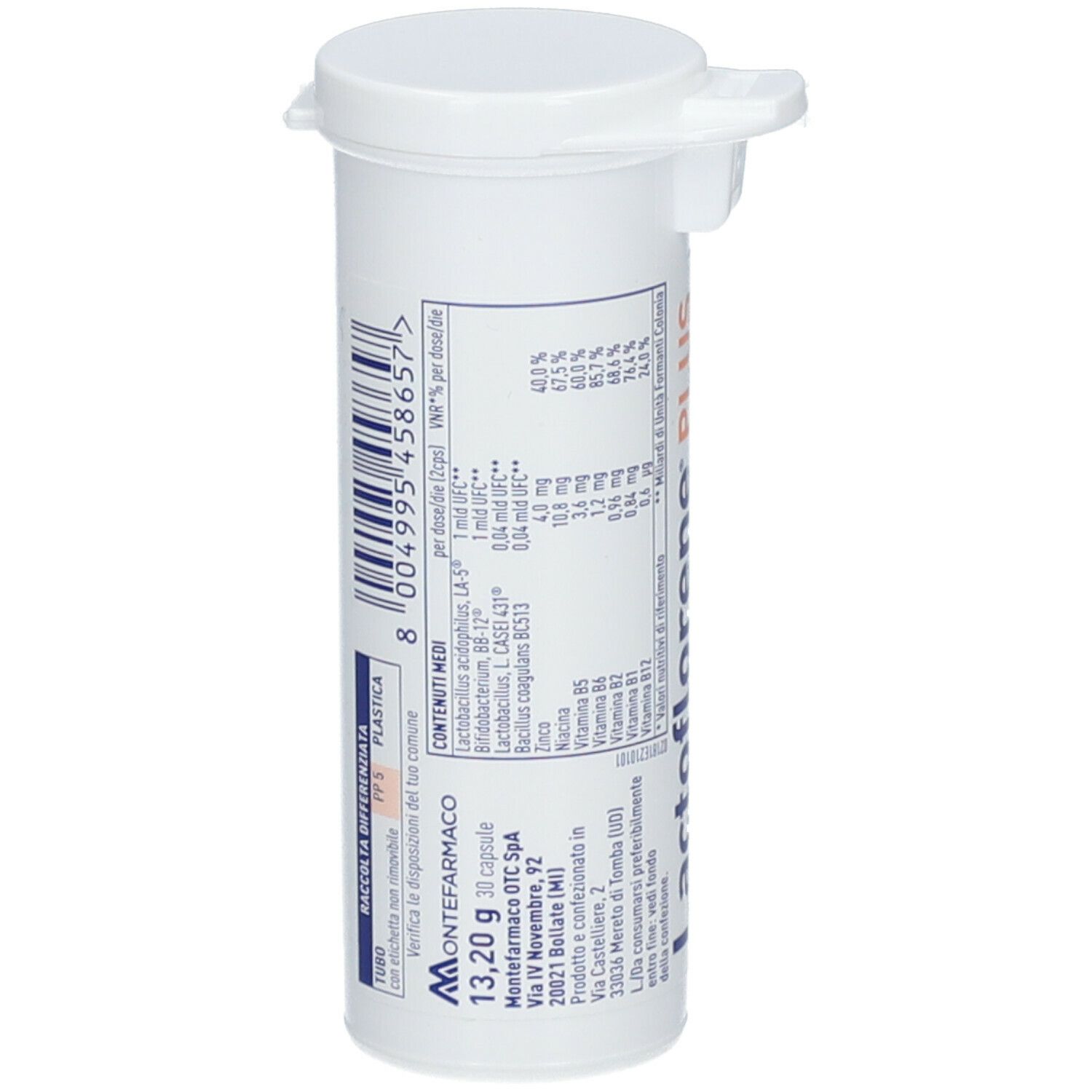 Contenitore cilindrico bianco con coperchio. Scritta Lactoflorene® PLUS, 30 capsule. Contiene fermenti lattici vivi, vitamina B e zinco.