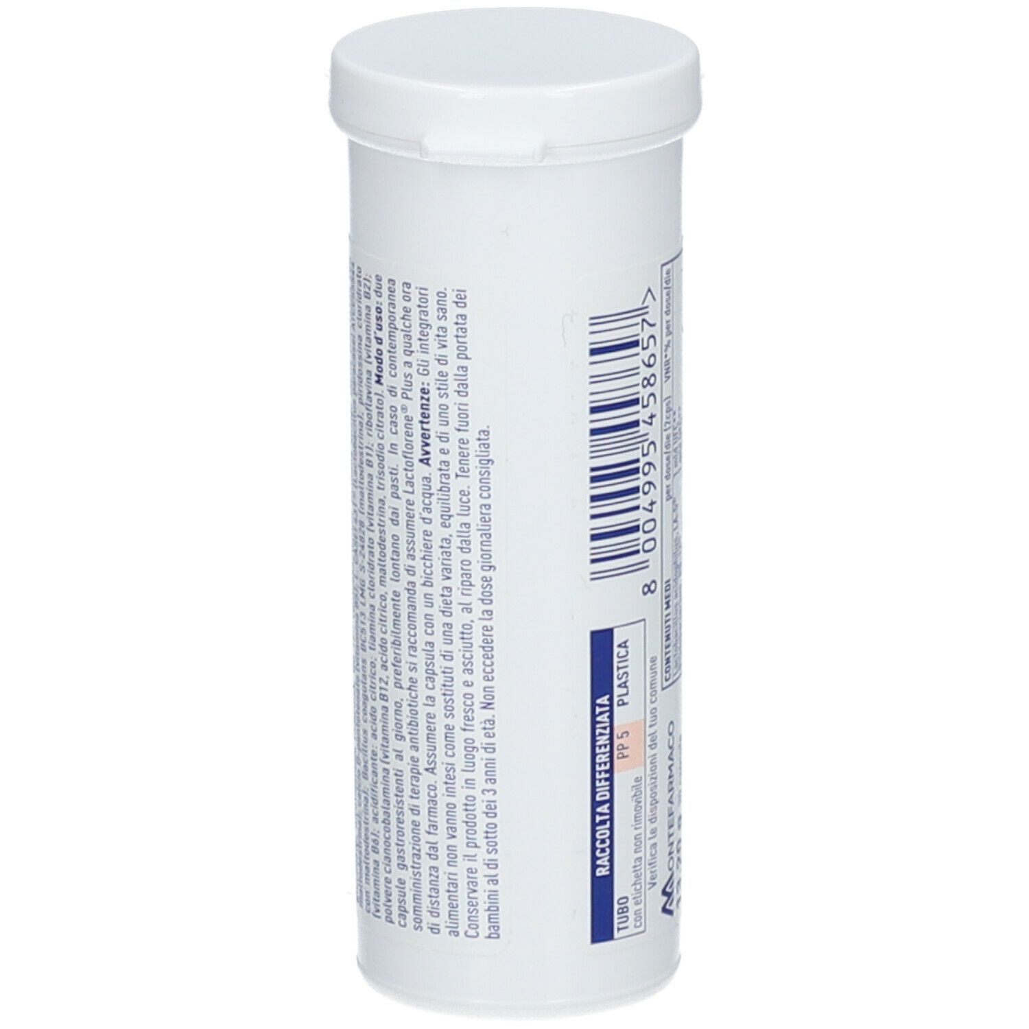Contenitore cilindrico bianco con coperchio. Scritta Lactoflorene® PLUS, 30 capsule. Contiene fermenti lattici vivi, vitamina B e zinco.