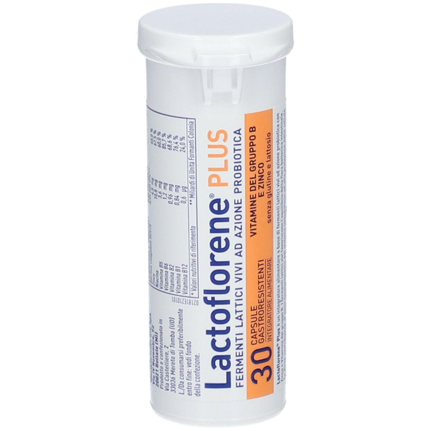 Contenitore cilindrico bianco con coperchio. Scritta Lactoflorene® PLUS, 30 capsule. Contiene fermenti lattici vivi, vitamina B e zinco.