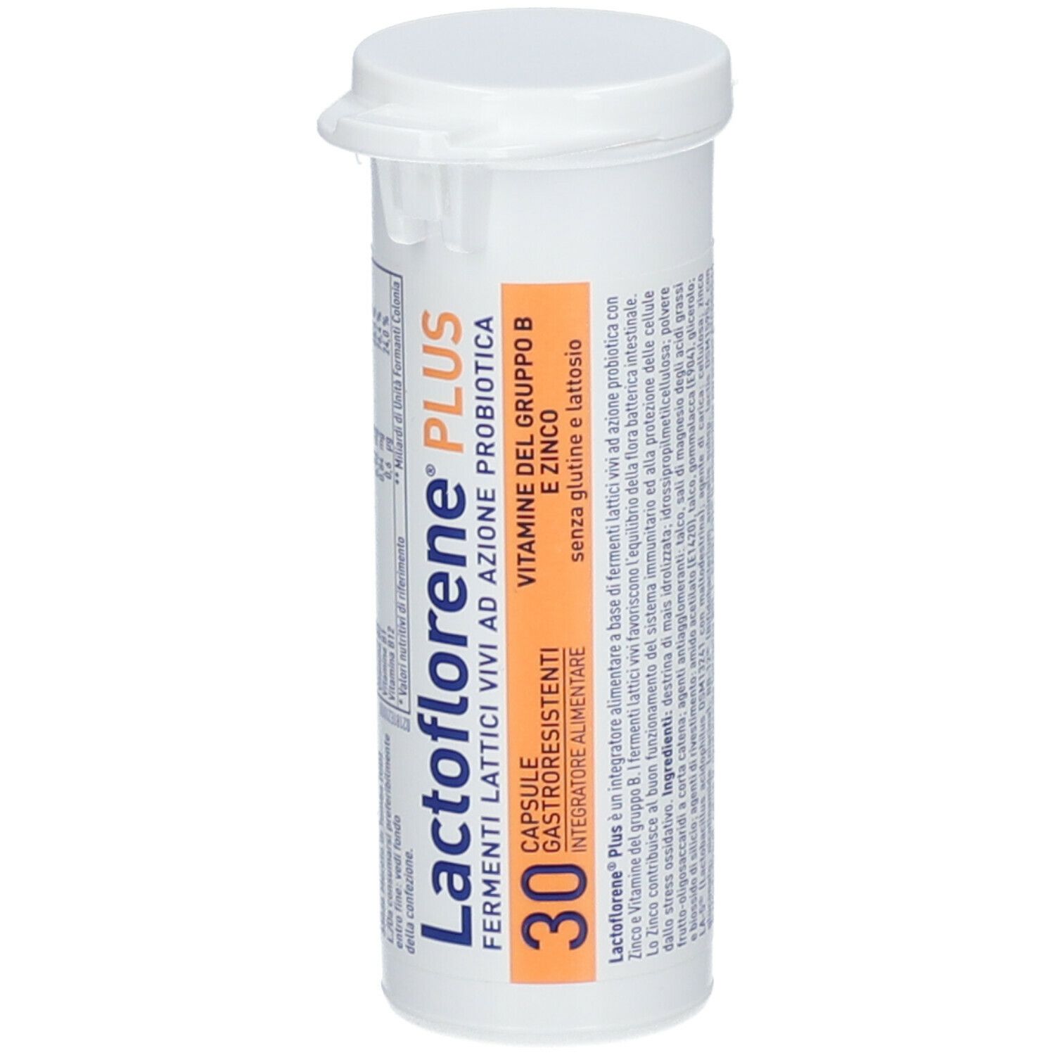 Contenitore cilindrico bianco con coperchio. Scritta Lactoflorene® PLUS, 30 capsule. Contiene fermenti lattici vivi, vitamina B e zinco.