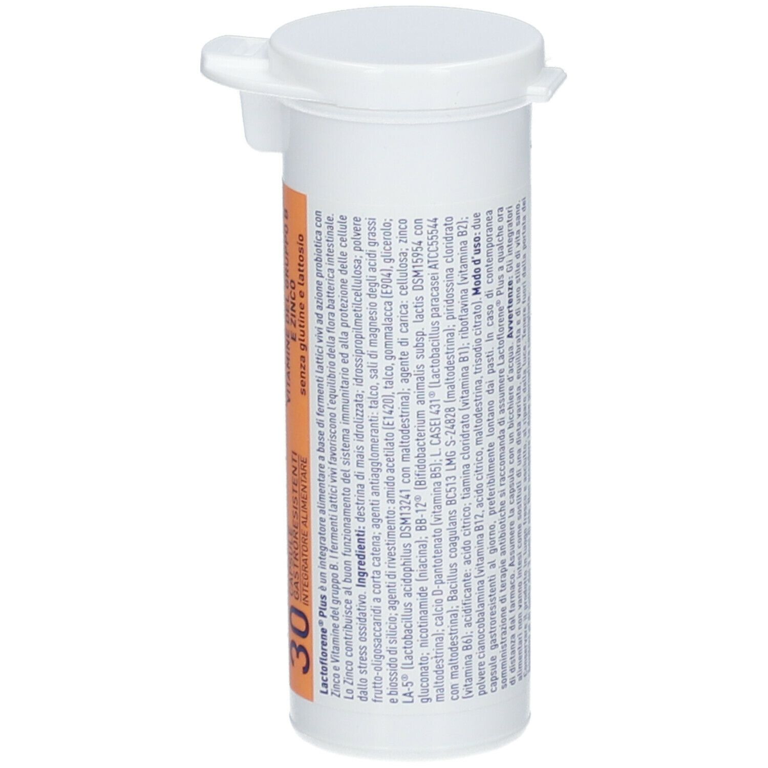 Contenitore cilindrico bianco con coperchio. Scritta Lactoflorene® PLUS, 30 capsule. Contiene fermenti lattici vivi, vitamina B e zinco.