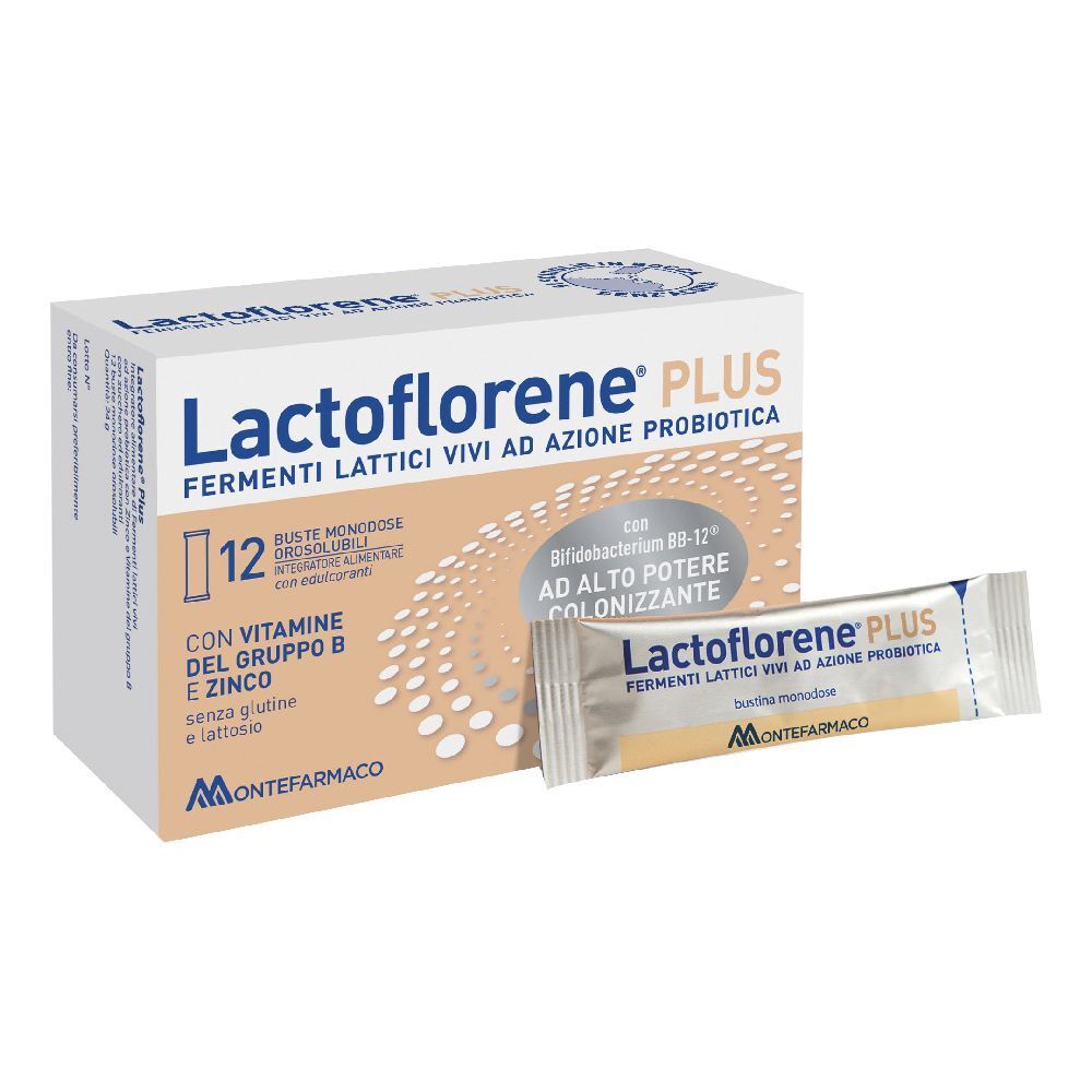 Lactoflorene® PLUS-Verpackung mit 12 Beuteln und einem Einzelbeutel. Aufschrift: Fermenti lattici vivi ad azione probiotica.