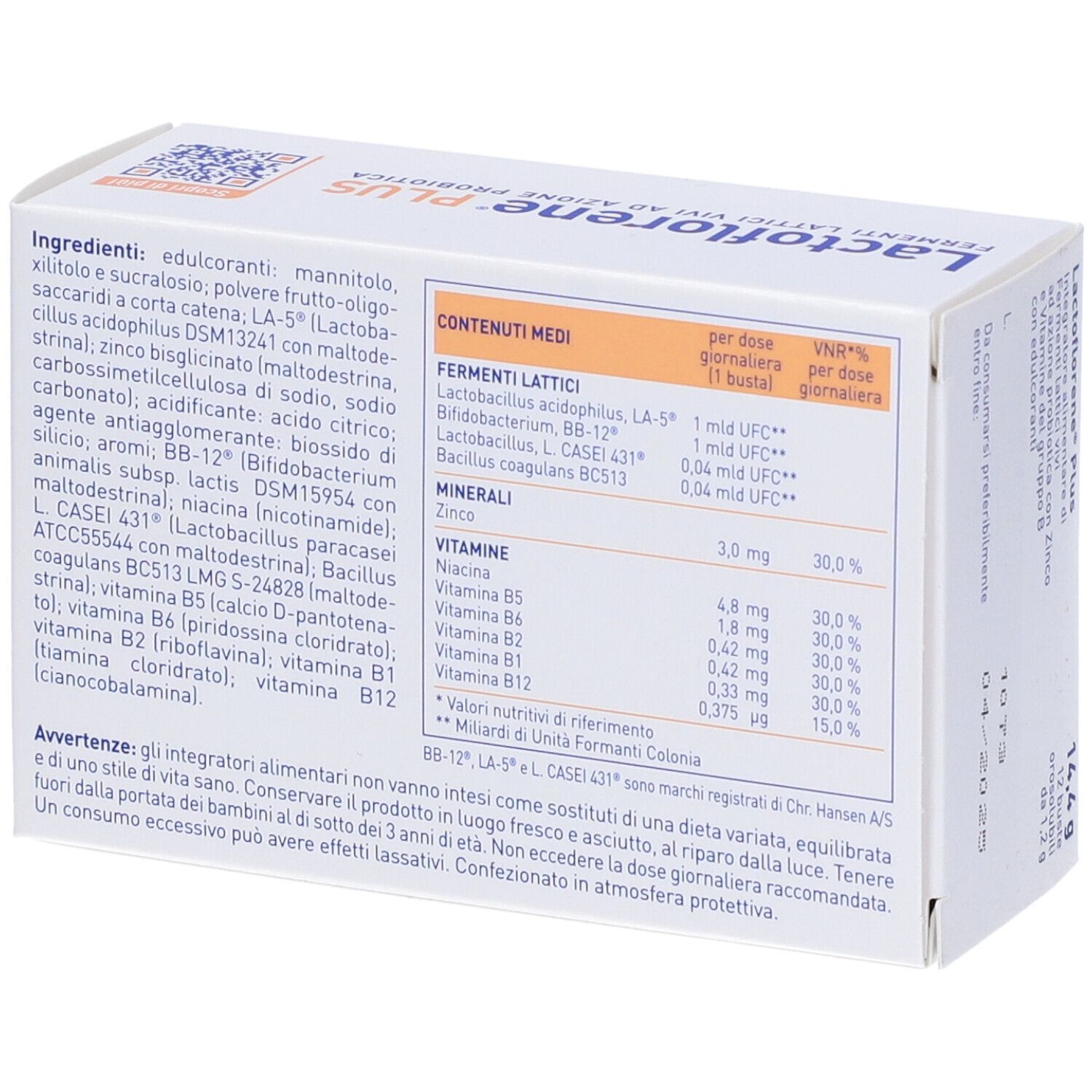 Lactoflorene® PLUS-Verpackung. Aufschrift: Fermenti lattici vivi ad azione probiotica. Enthält 12 Beutel. Mit Vitamin B und Zink.