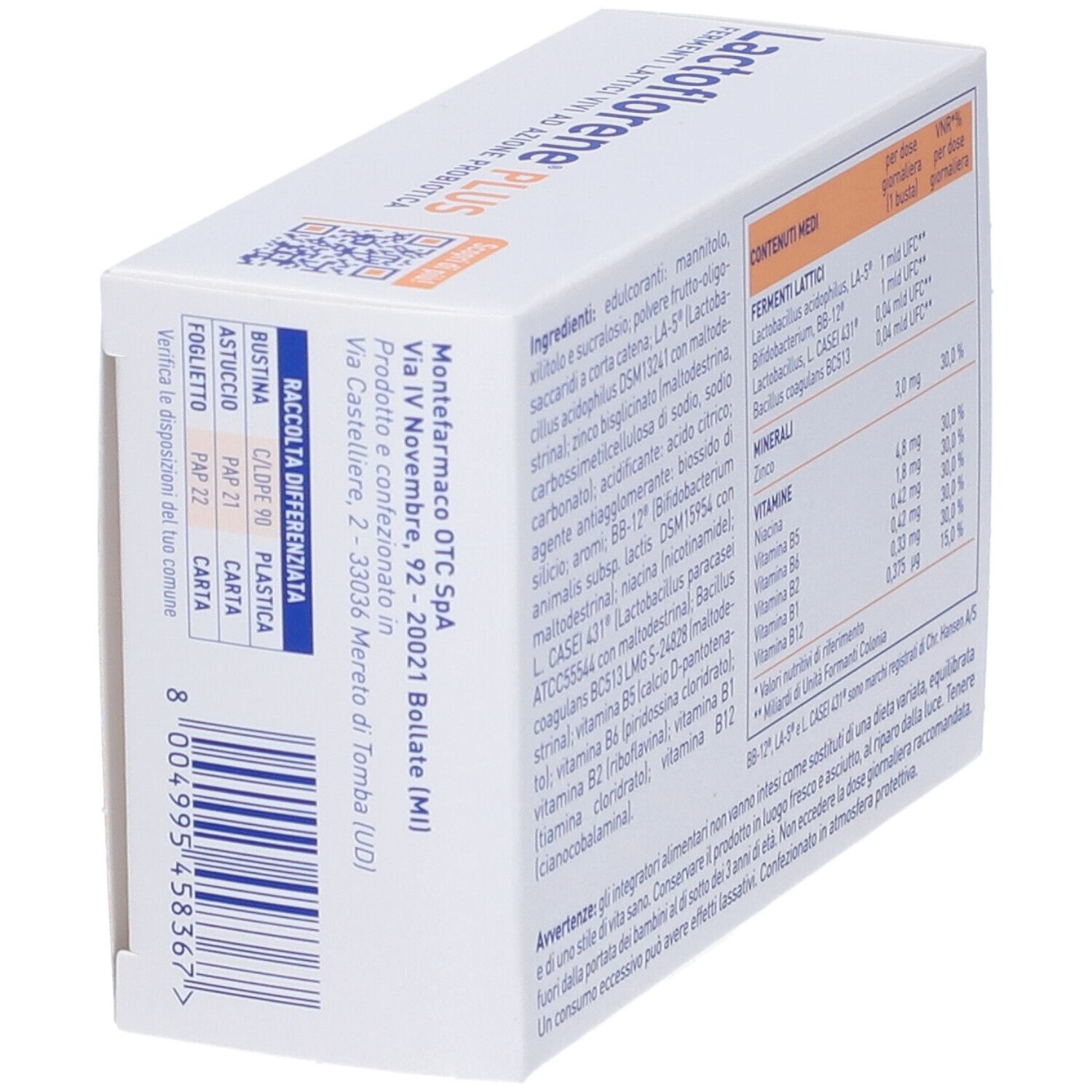 Rückseite der Lactoflorene® PLUS-Verpackung. Enthält Informationen zu Inhaltsstoffen und Nährwerten. Mit Barcode.