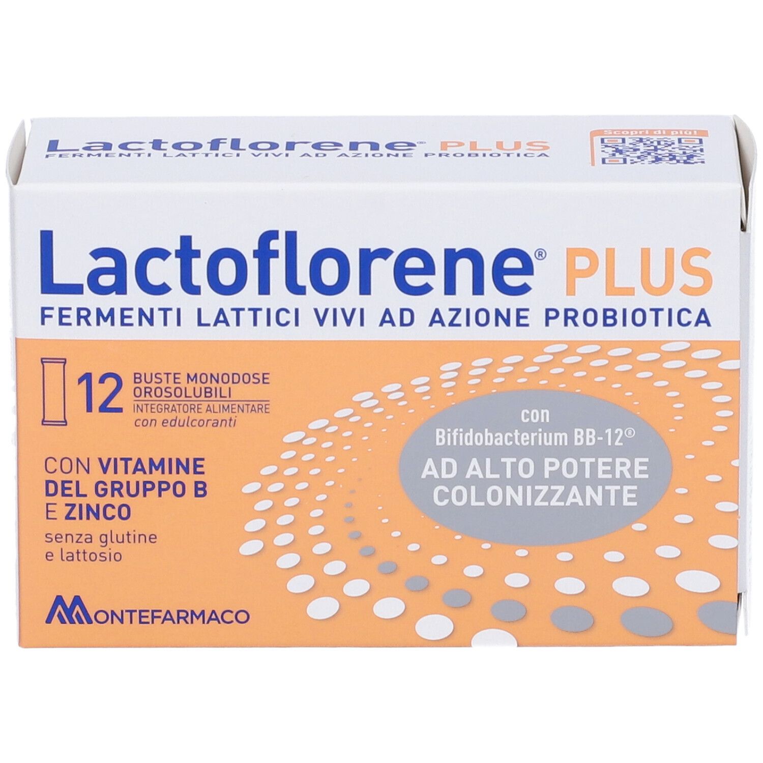 Rückseite der Lactoflorene® PLUS-Verpackung. Enthält Informationen zu Inhaltsstoffen und Nährwerten. Mit Barcode.