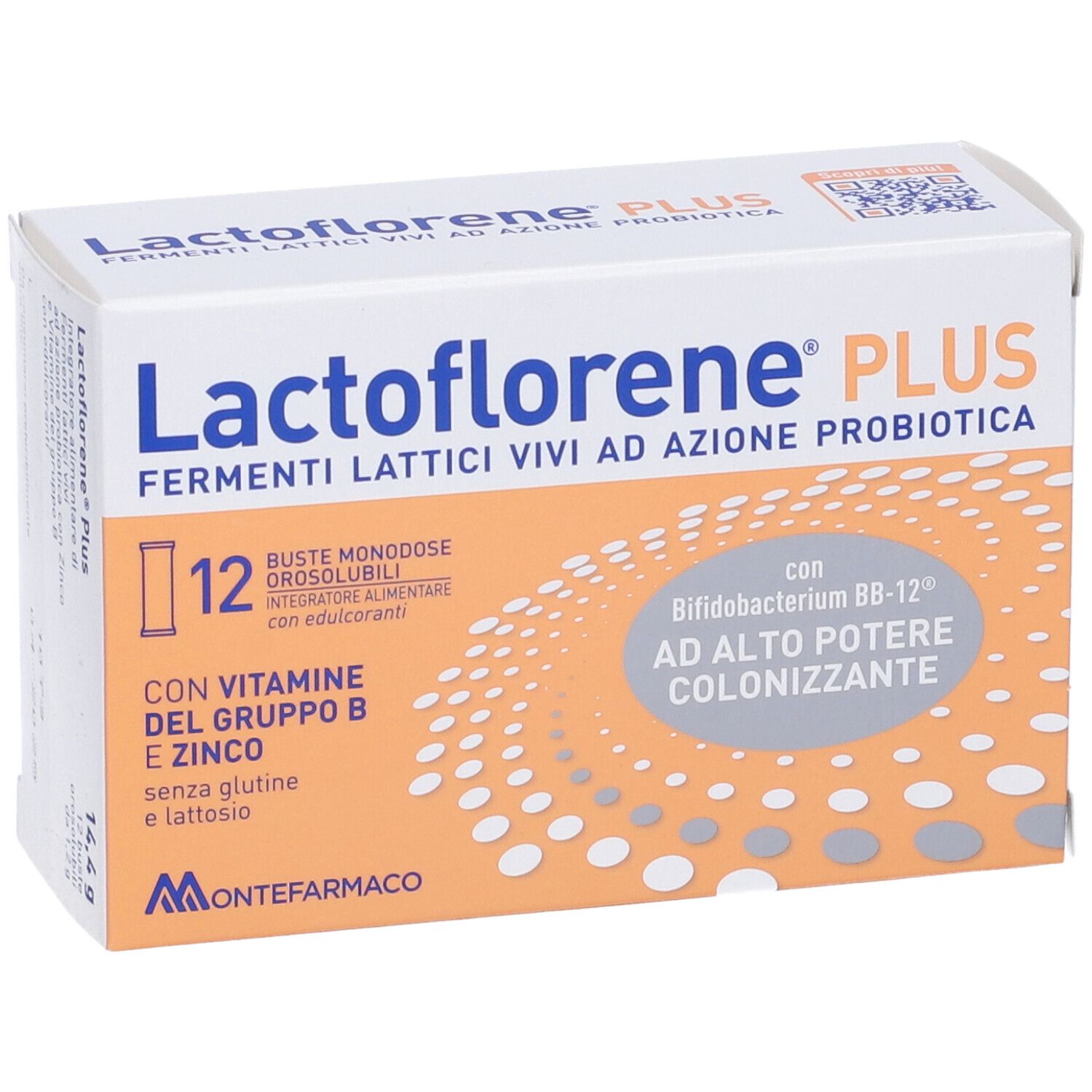 Lactoflorene® PLUS-Verpackung. Aufschrift: Fermenti lattici vivi ad azione probiotica. Enthält 12 Beutel. Mit Vitamin B und Zink.