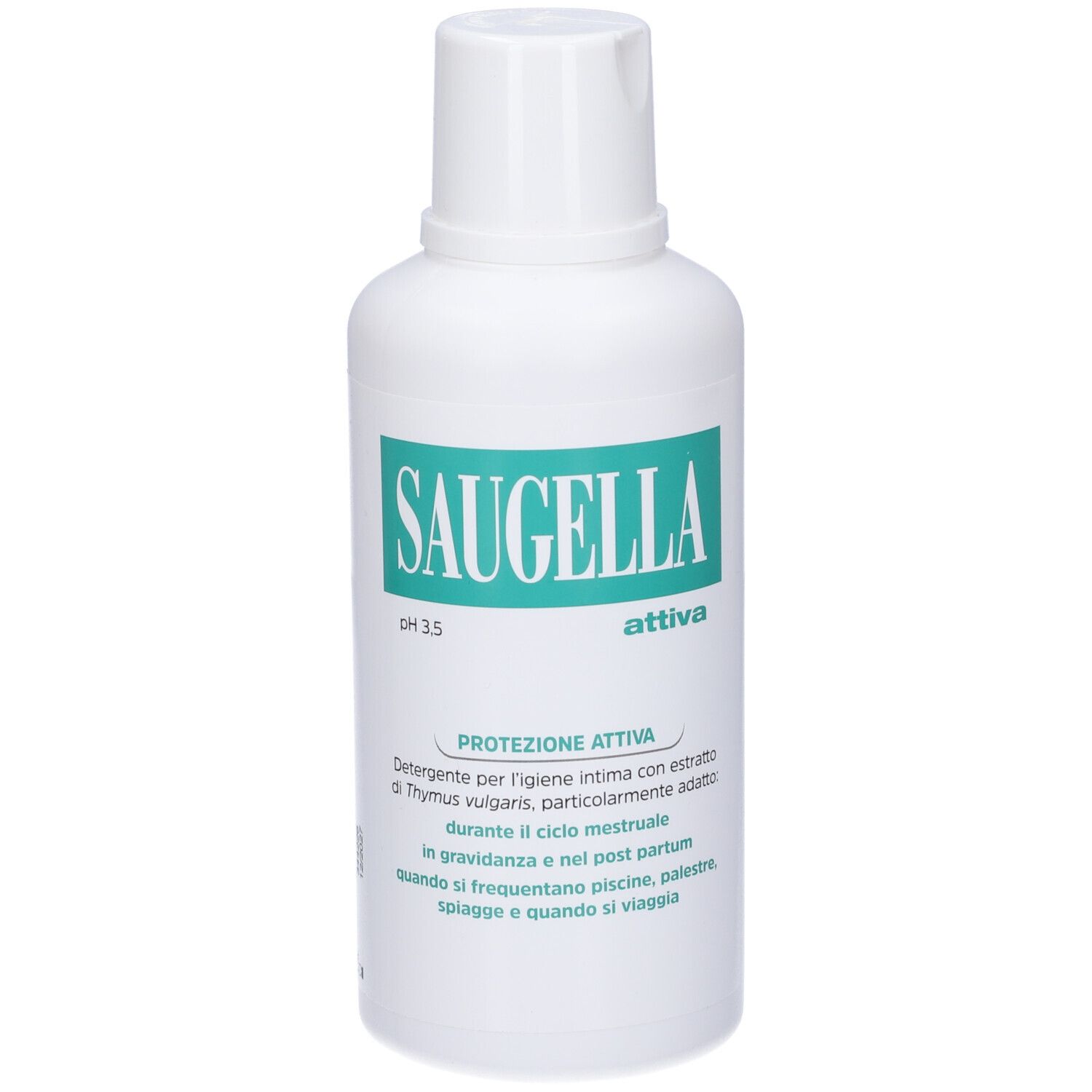 Flacone bianco con etichetta verde. Scritta: Saugella Attiva pH 3,5. Testo sottostante.