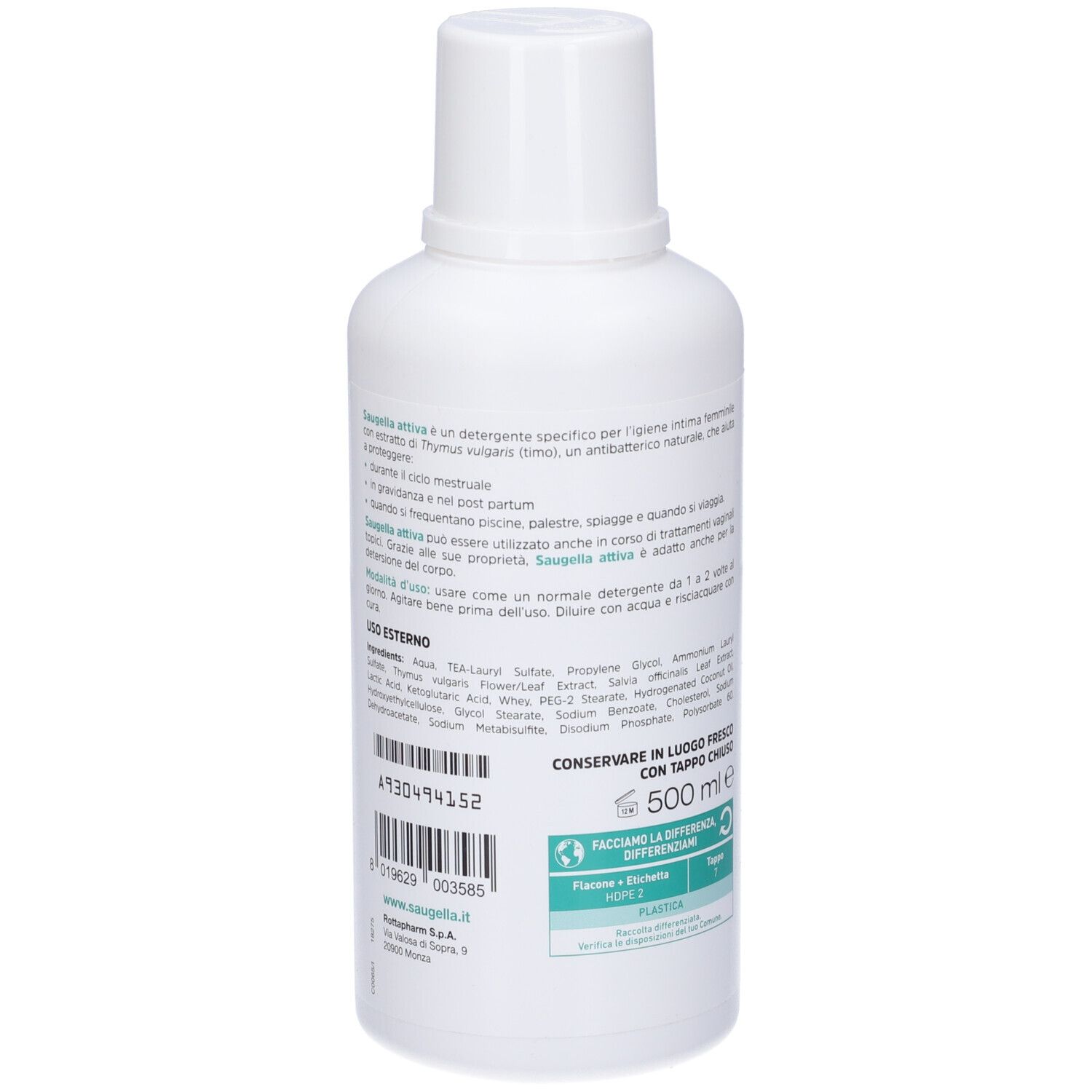 Flacone bianco con etichetta verde. Scritta: Saugella Attiva pH 3,5. Testo sottostante.