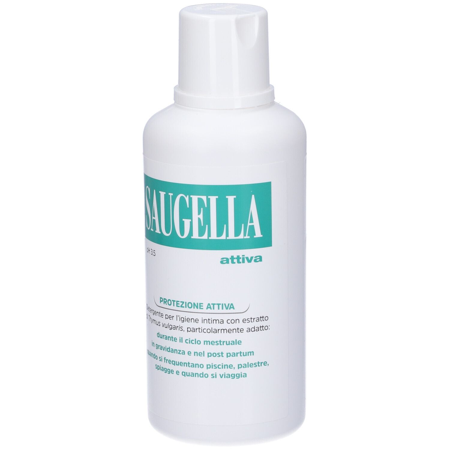 Flacone bianco con etichetta verde. Scritta: Saugella Attiva pH 3,5. Testo sottostante.