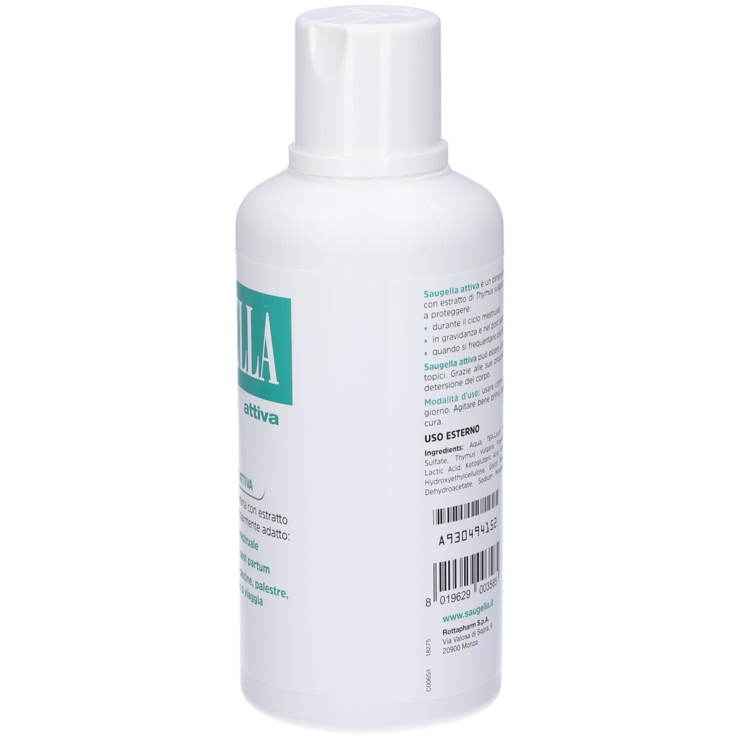 Flacone bianco con etichetta verde. Scritta: Saugella Attiva pH 3,5. Testo sottostante.