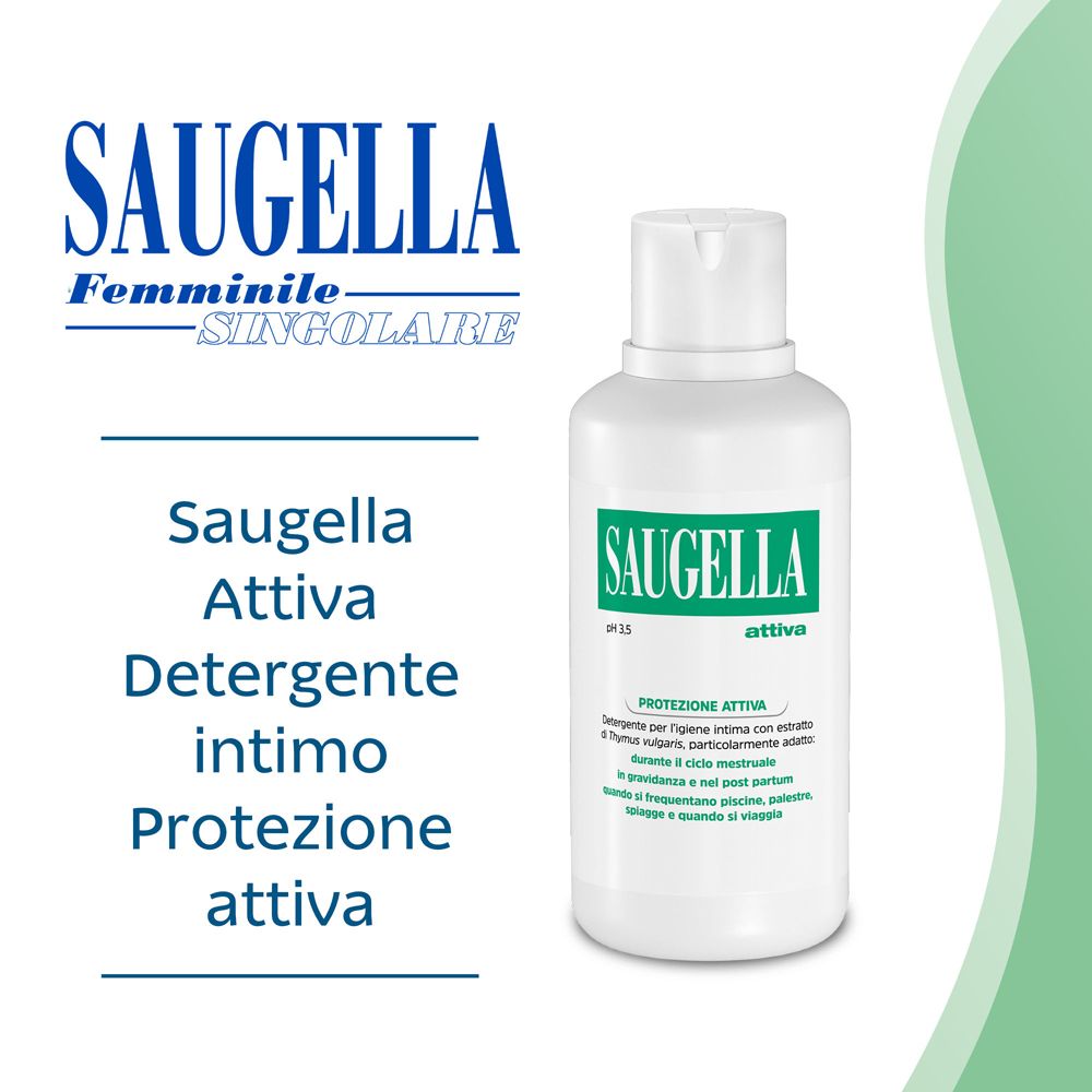 Produktflasche mit Logo Saugella. Text: Saugella Attiva Detergente intimo Protezione attiva.