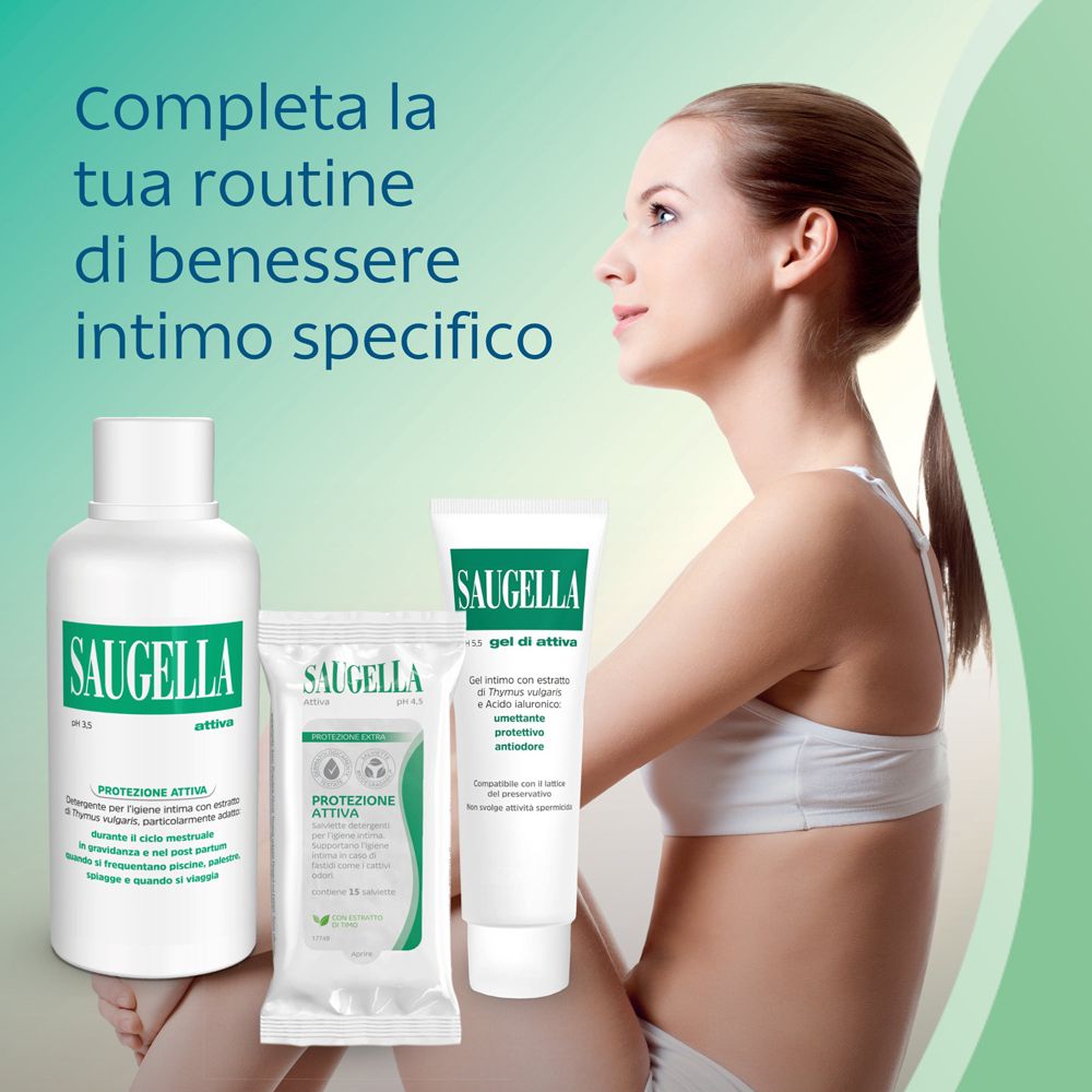 Drei Saugella-Produkte. Text: Completa la tua routine di benessere intimo specifico.