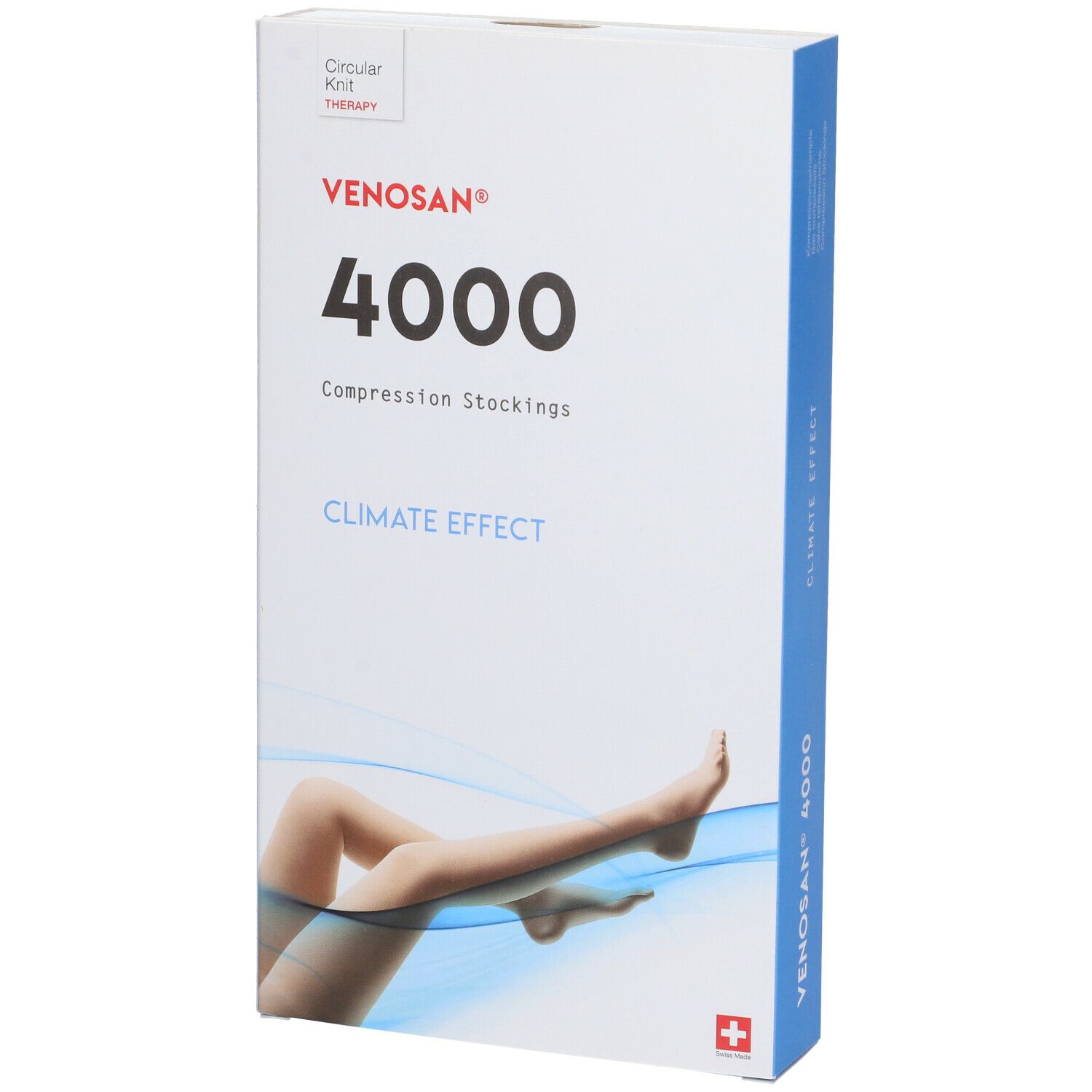 Confezione di calze a compressione. Scritta: Venosan 4000, Climate Effect. Immagine di una gamba con calza. Croce svizzera.
