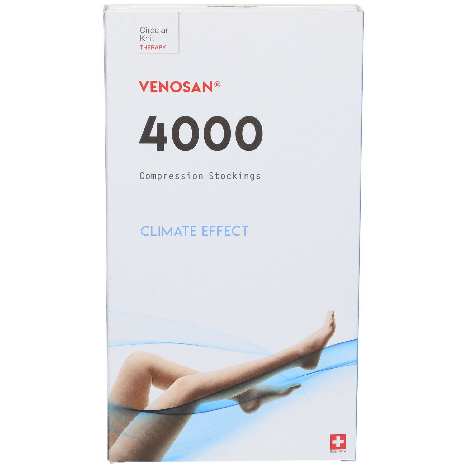 Confezione di calze a compressione. Scritta: Venosan 4000, Climate Effect. Immagine di una gamba con calza. Croce svizzera.