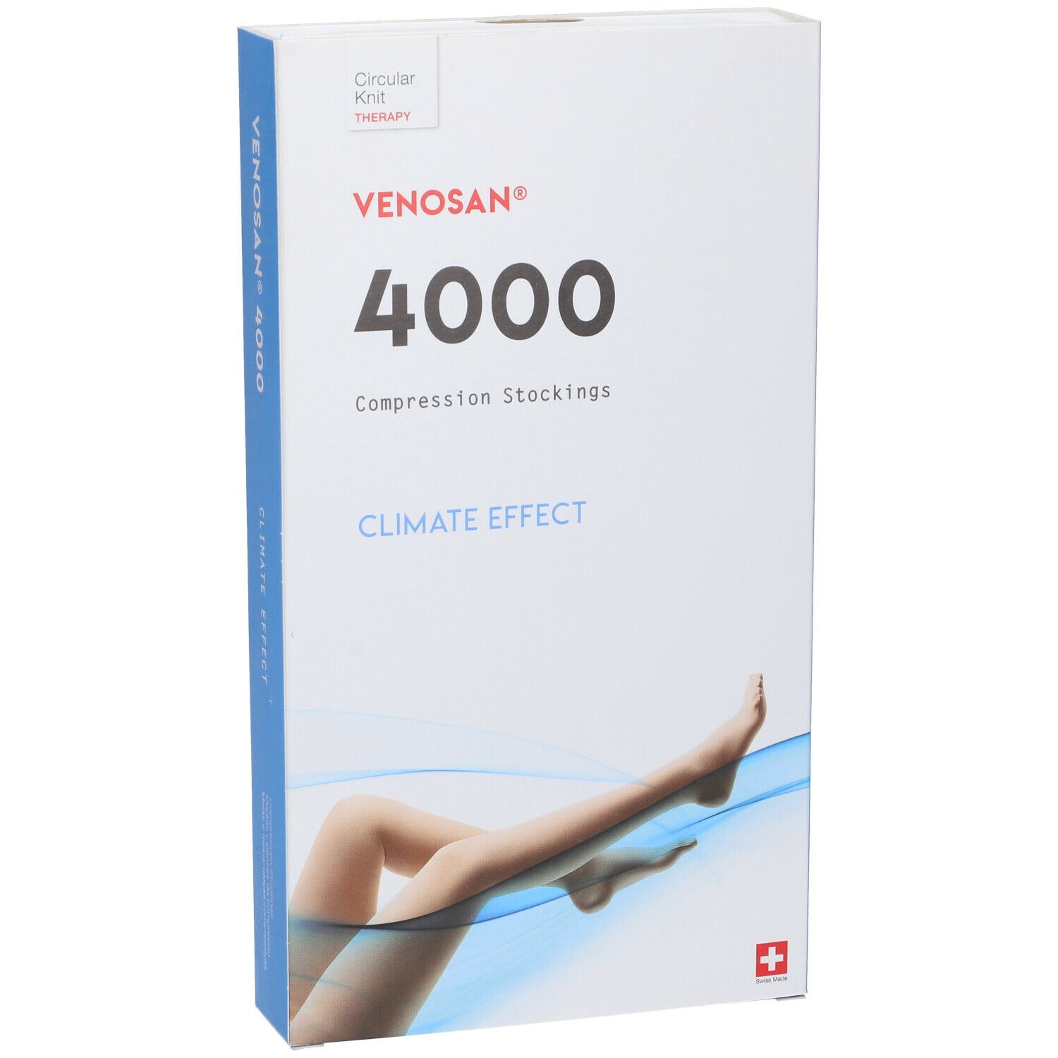 Confezione di calze a compressione. Scritta: Venosan 4000, Climate Effect. Immagine di una gamba con calza. Croce svizzera.