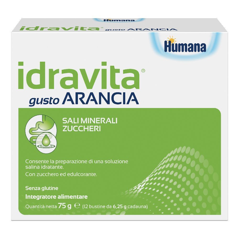 Scatola bianca e verde con nome e logo del prodotto. Testo: 'idravita gusto ARANCIA'. Contiene minerali e zuccheri. Marchio: Humana.
