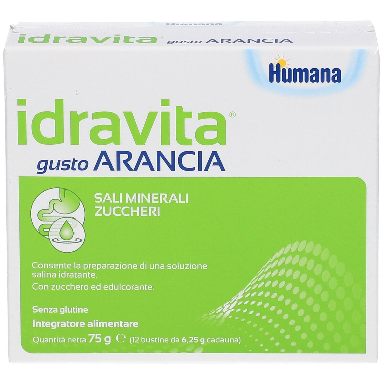 Scatola bianca e verde con nome e logo del prodotto. Testo: 'idravita gusto ARANCIA'. Contiene minerali e zuccheri. Marchio: Humana.