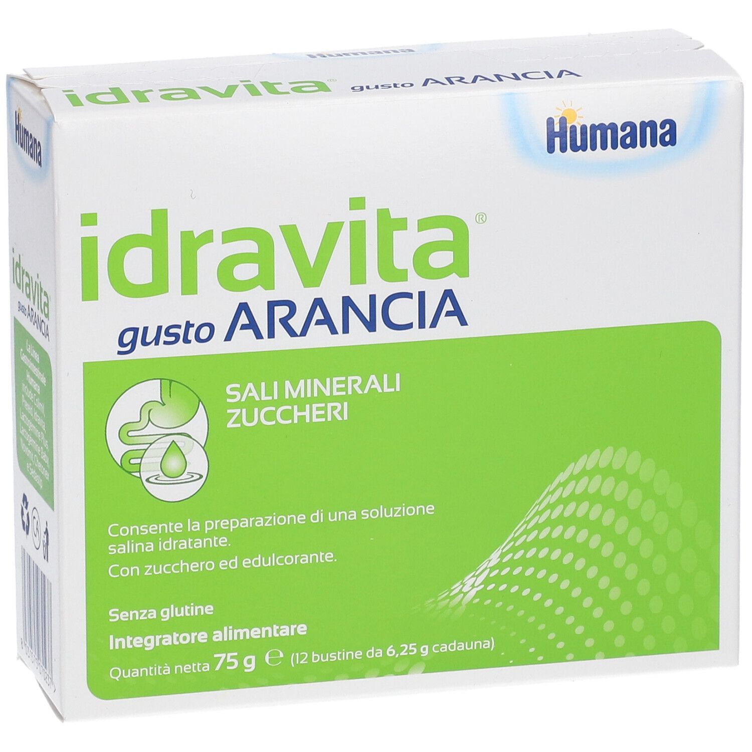 Scatola bianca e verde con nome e logo del prodotto. Testo: 'idravita gusto ARANCIA'. Contiene minerali e zuccheri. Marchio: Humana.