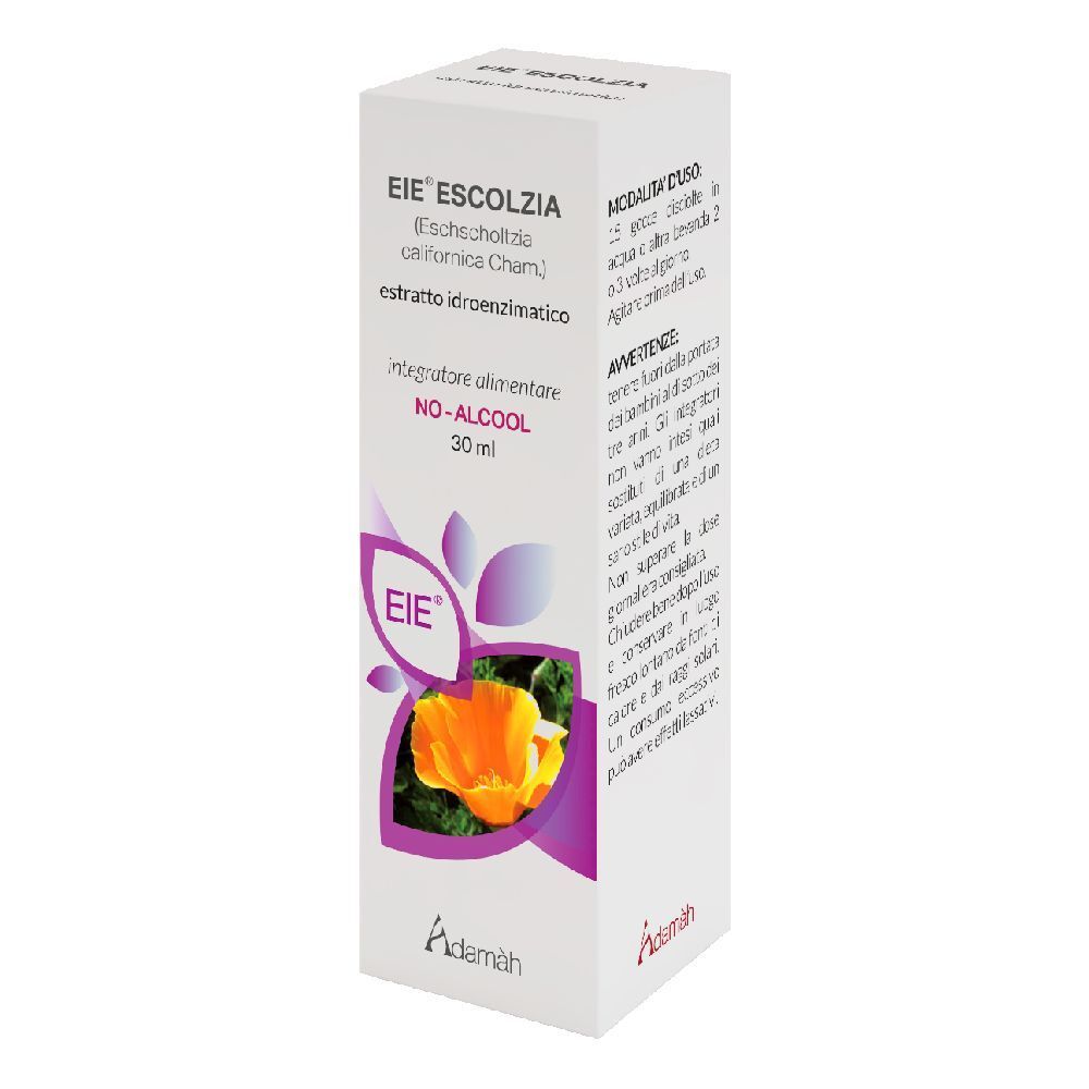 Scatola bianca con informazioni sul prodotto e design floreale. Scritto: EIE Escoltzia, 30 ml, Adamàh.