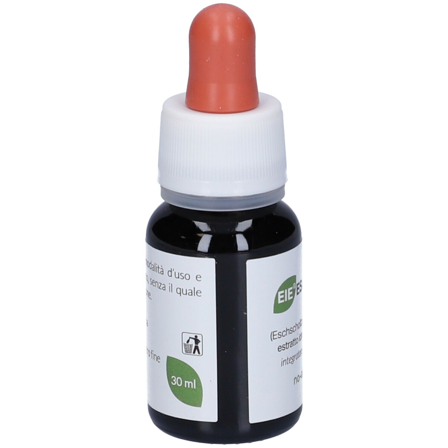 Piccola bottiglia di vetro marrone con contagocce. Scritto: EIE Escoltzia, 30 ml. Tappo in gomma rossa.