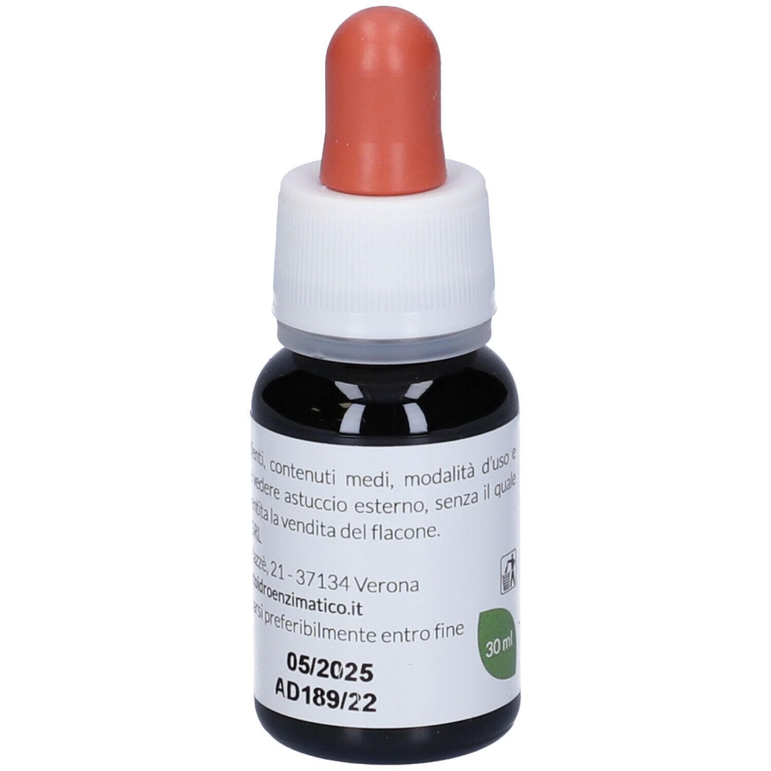 Bottiglia di vetro marrone con contagocce. Scritto: EIE Escoltzia, 30 ml. Tappo rosso. Data di scadenza.