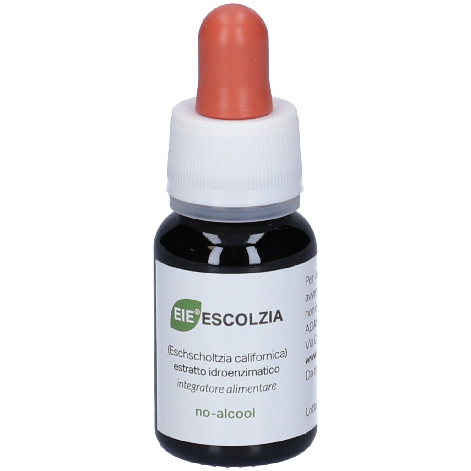 Bottiglia di vetro marrone con contagocce. Scritto: EIE Escoltzia, 30 ml. Tappo rosso. Nome del prodotto.