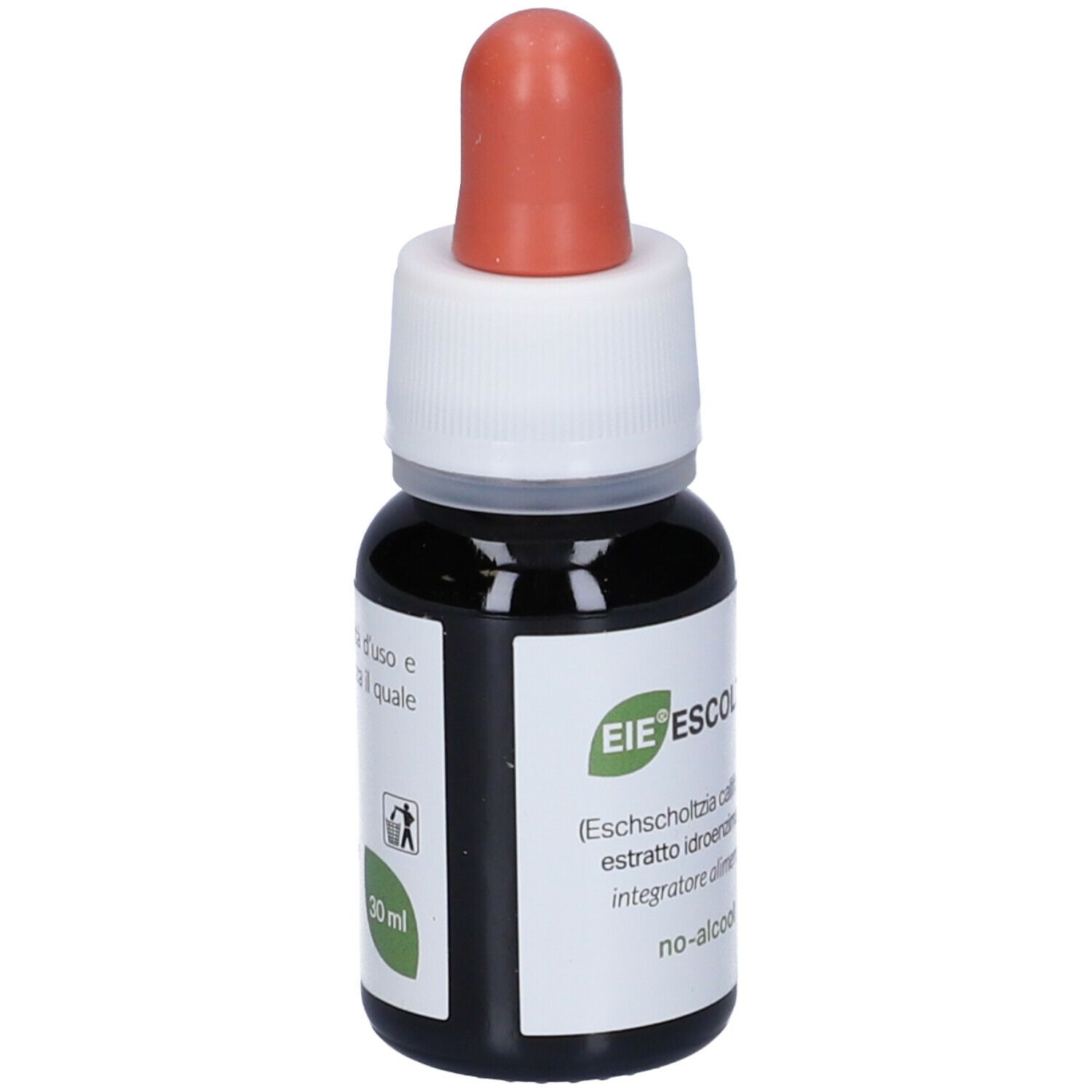 Bottiglia di vetro marrone con contagocce. Scritto: EIE Escoltzia, 30 ml. Tappo rosso. Etichetta verde.