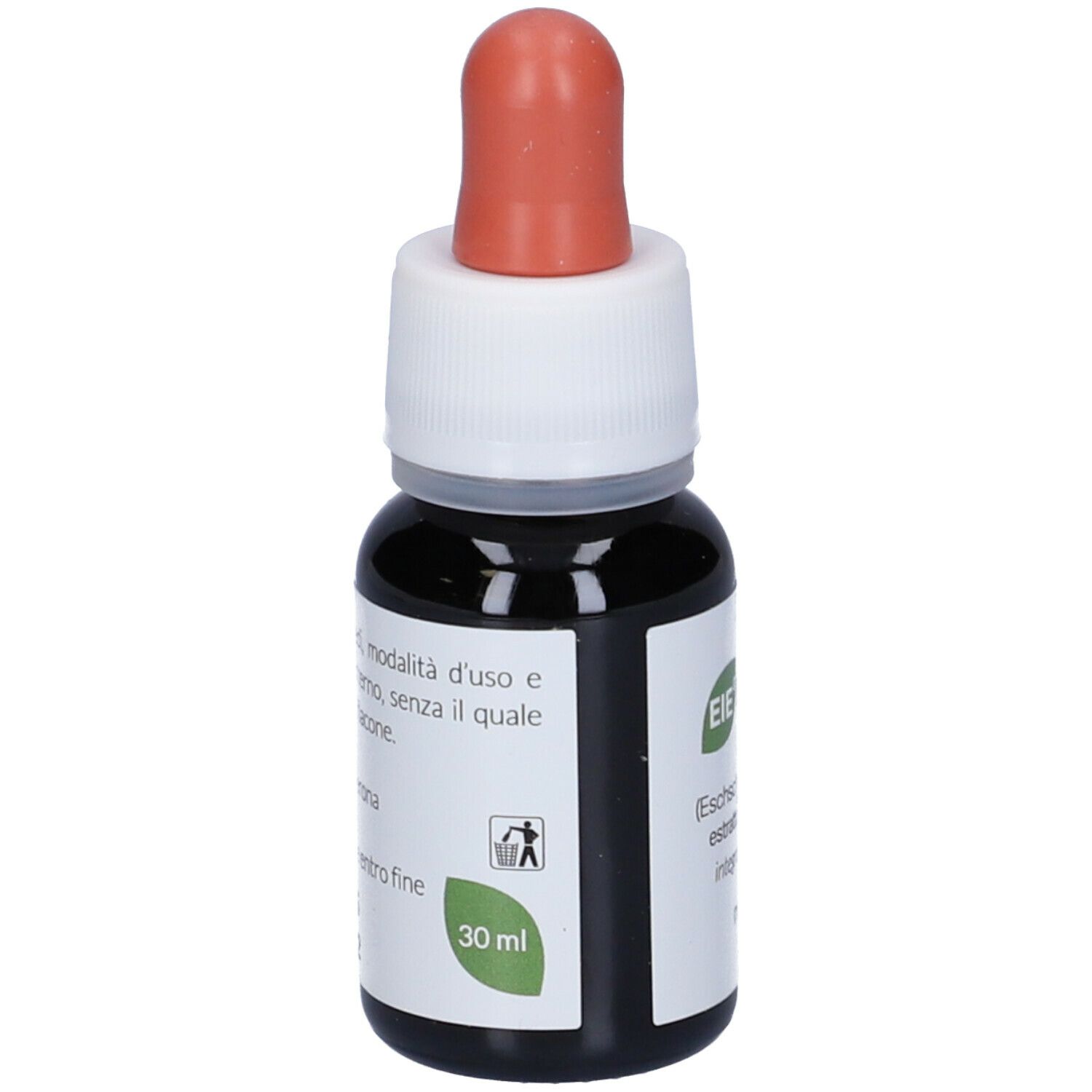 Bottiglia di vetro marrone con contagocce. Scritto: EIE Escoltzia, 30 ml. Tappo rosso. Etichetta verde.
