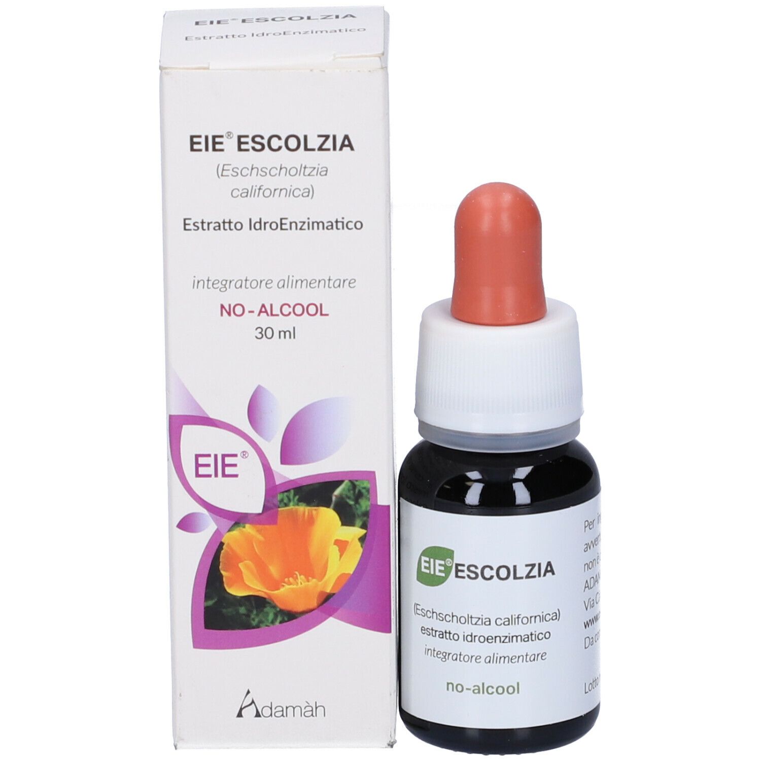 Confezione e flacone del prodotto. Scritto: EIE Escoltzia, 30 ml. Tappo rosso. Scatola e flacone.