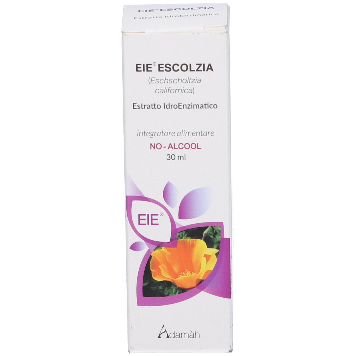 Scatola bianca con informazioni sul prodotto e design floreale. Scritto: EIE Escoltzia, 30 ml, Adamàh.