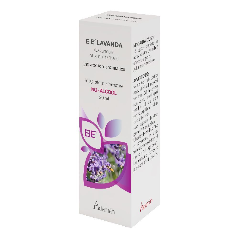 Scatola con stampa del prodotto. Scritta: EIE Lavanda, 30 ml, NO-ALCOOL. Marchio Adamàh.