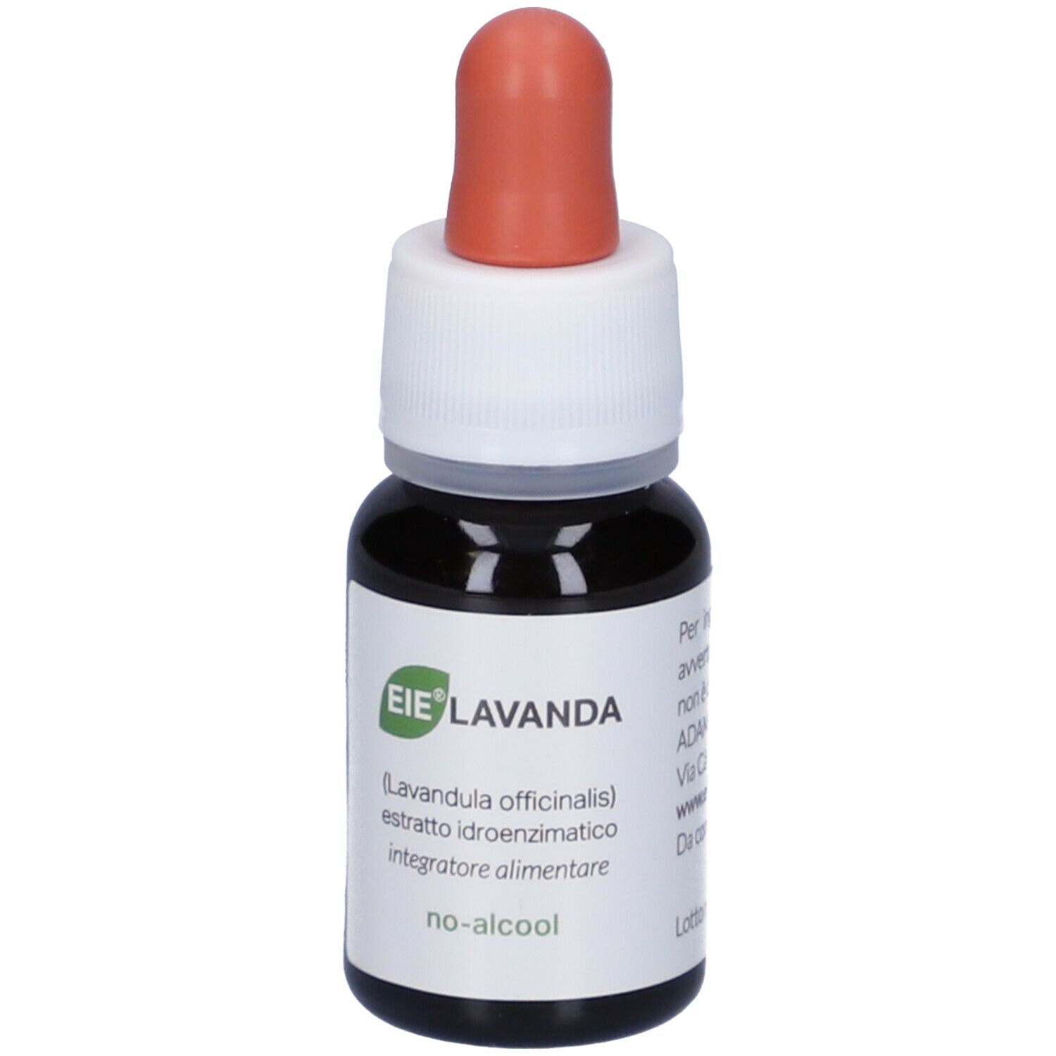 Flacone di vetro marrone con contagocce. Scritta: EIE Lavanda, 30 ml. Informazioni sul prodotto.