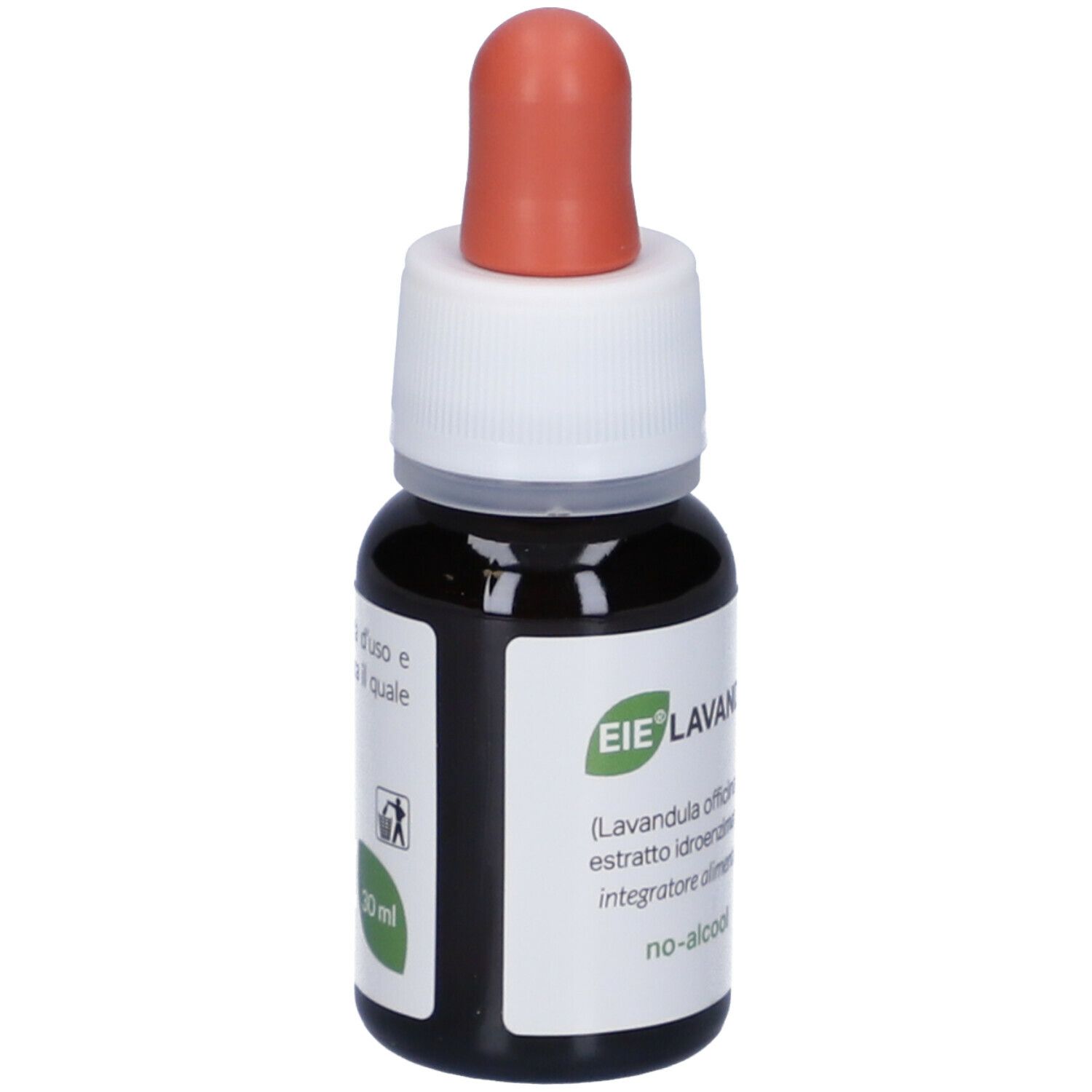 Flacone di vetro marrone con contagocce. Scritta: EIE Lavanda, 30 ml. Informazioni sul prodotto.