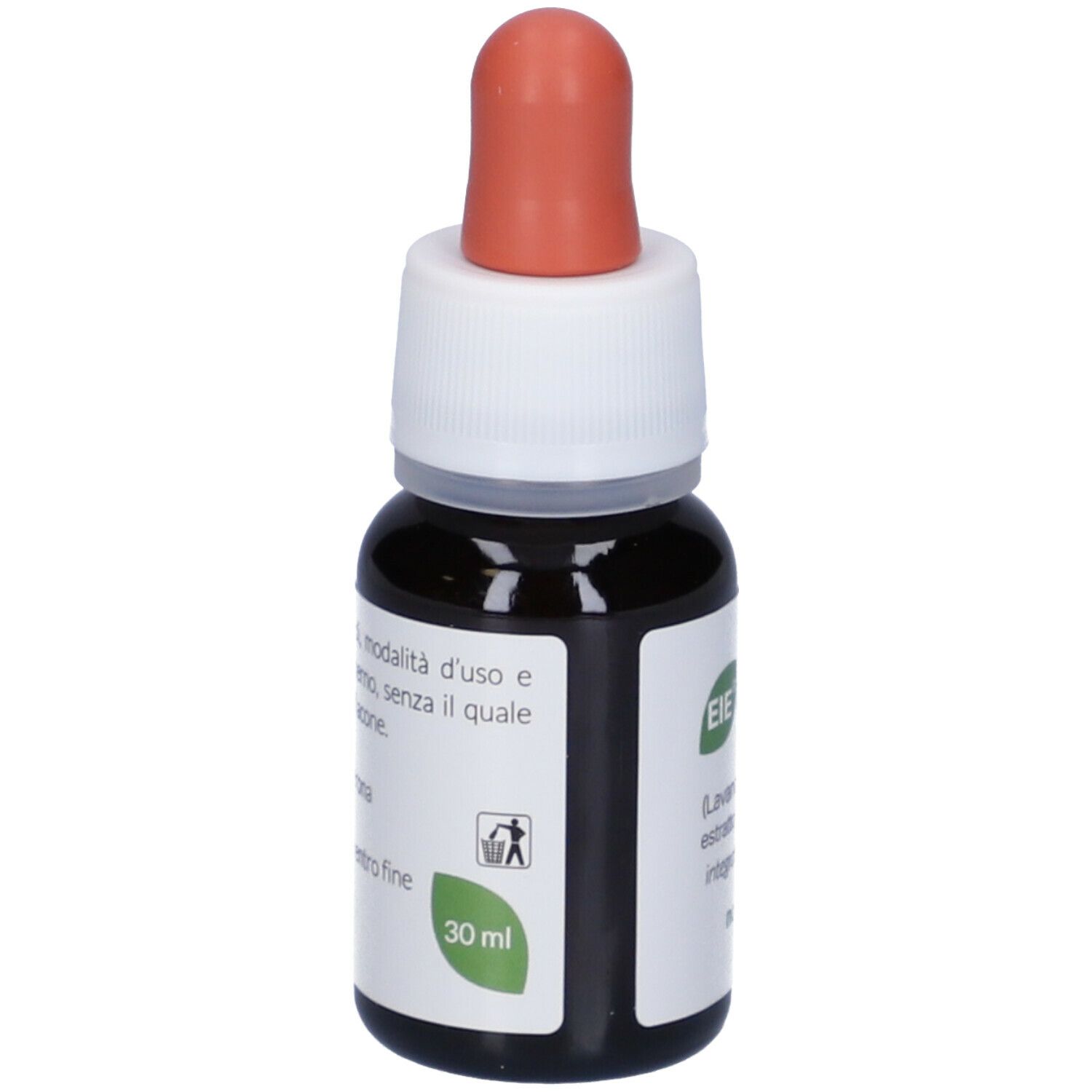 Flacone di vetro marrone con contagocce. Scritta: EIE Lavanda, 30 ml. Informazioni sul prodotto.