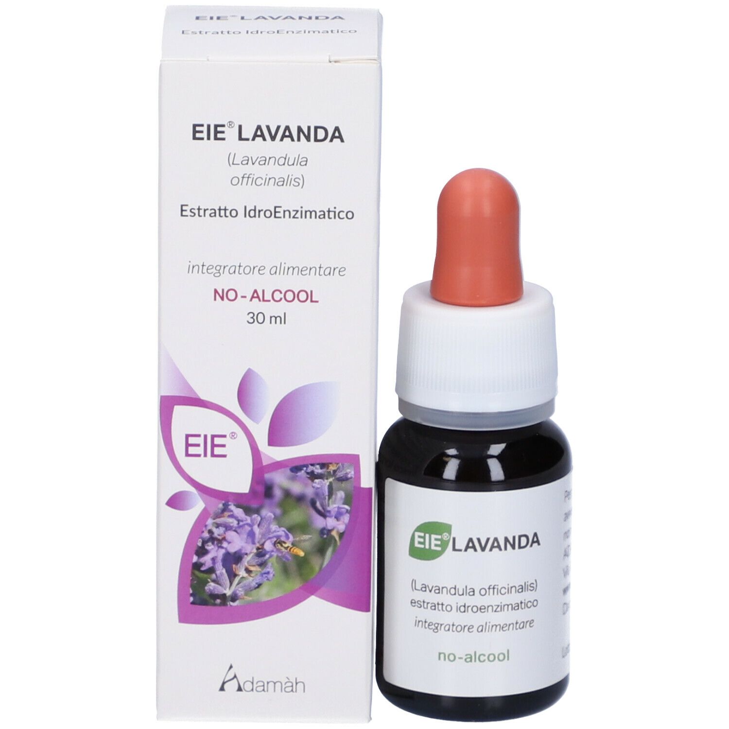 Flacone di vetro marrone con contagocce e scatola. Scritta: EIE Lavanda, 30 ml. Marchio Adamàh.
