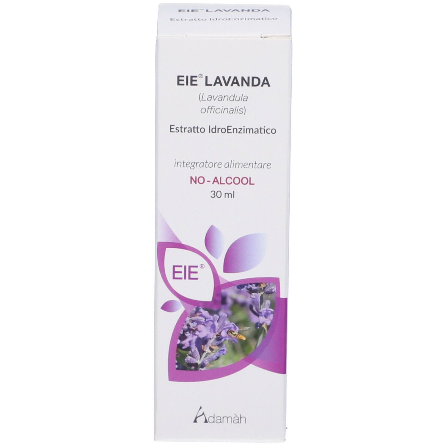 Scatola con stampa del prodotto. Scritta: EIE Lavanda, 30 ml, NO-ALCOOL. Marchio Adamàh.