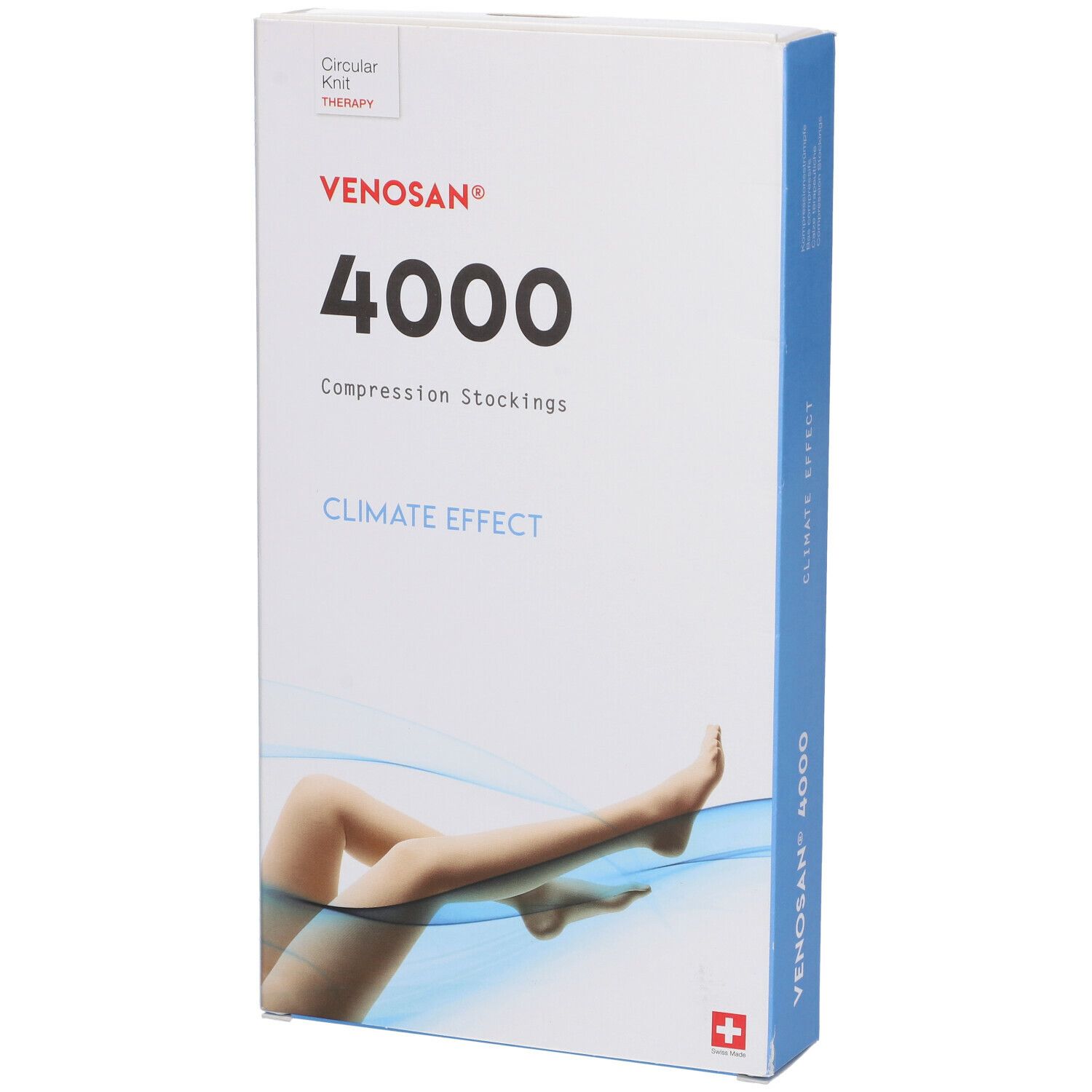 Confezione di calze a compressione Venosan 4000. Scritta: 4000, Climate Effect. Immagine: gamba con calza. Croce svizzera.