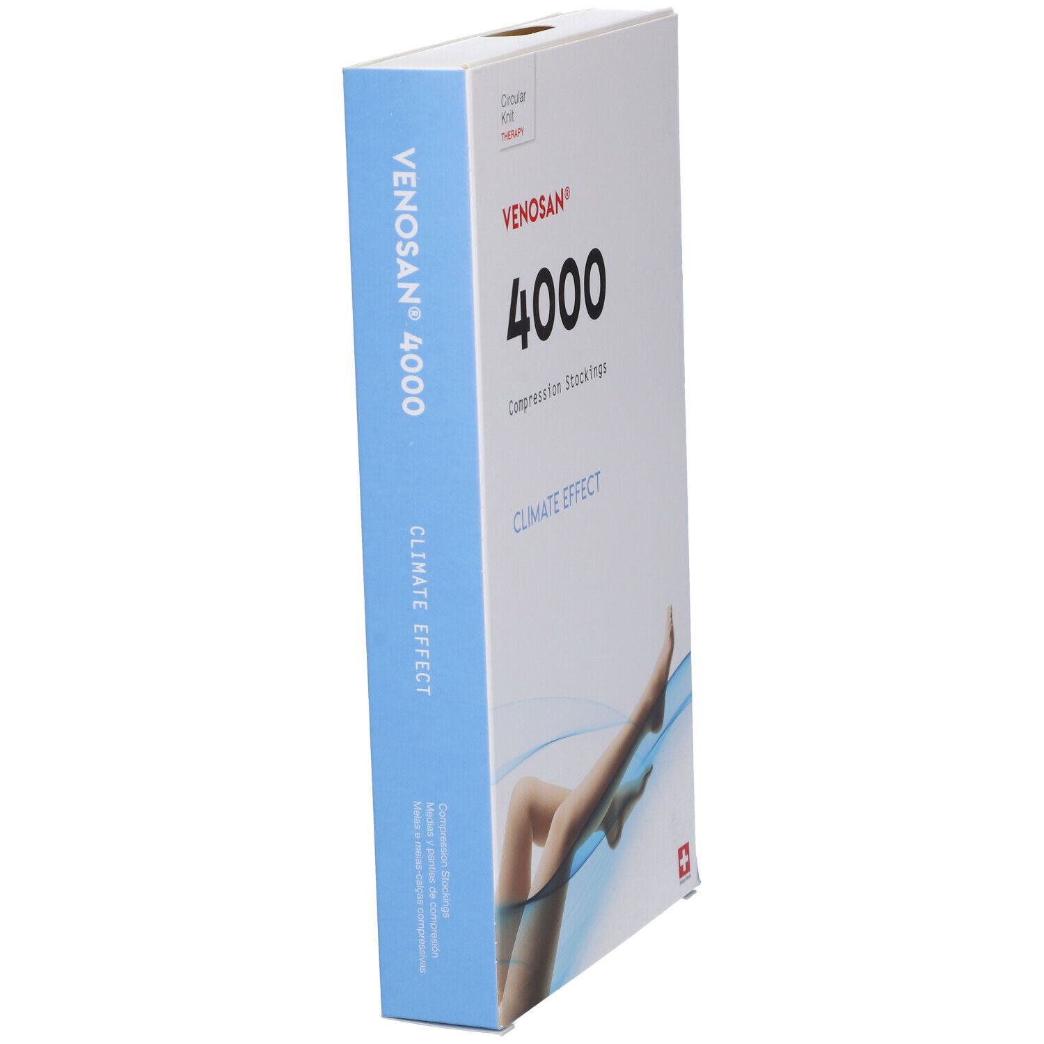 Confezione di calze a compressione Venosan 4000. Scritta: 4000, Climate Effect. Immagine: gamba con calza. Croce svizzera.