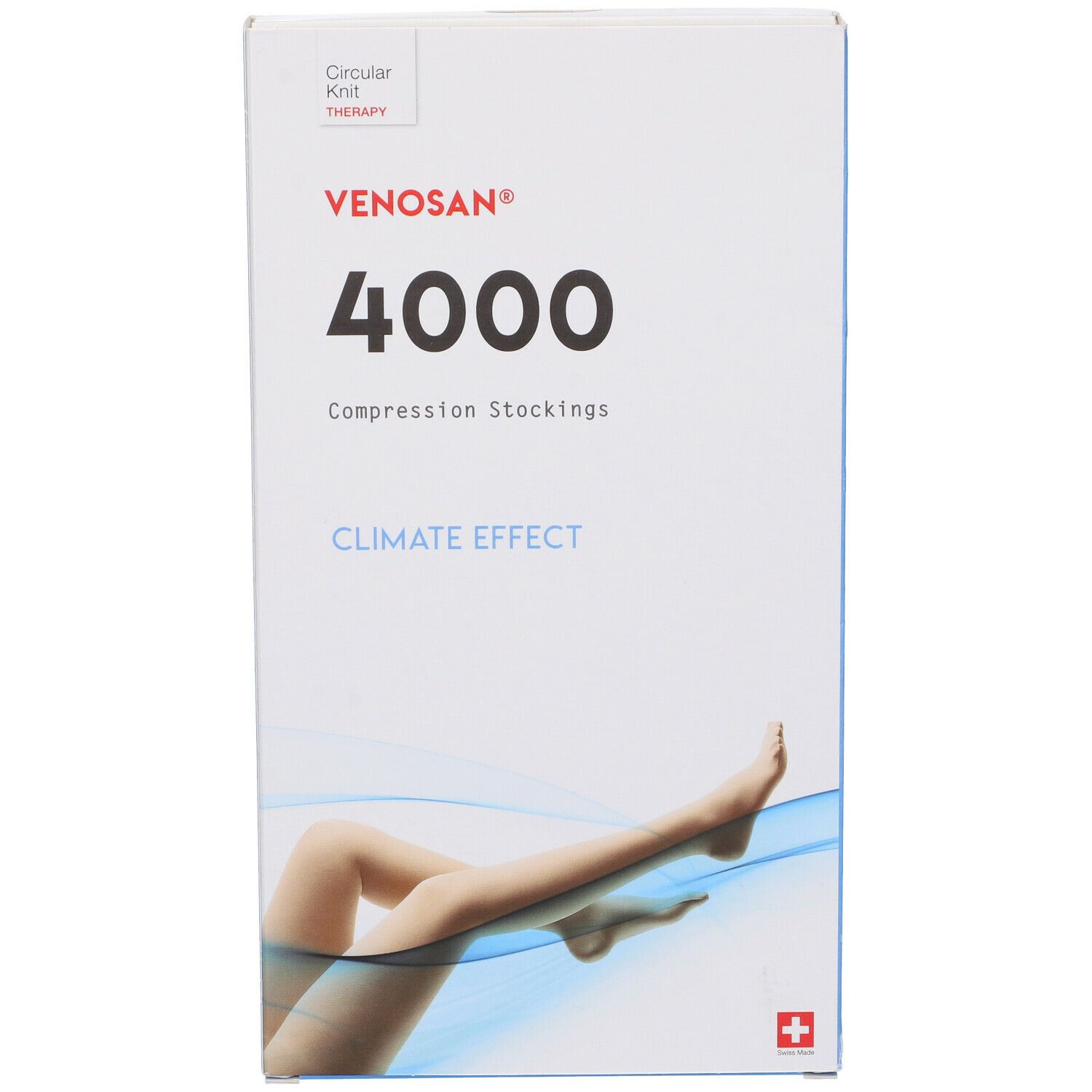 Confezione di calze a compressione Venosan 4000. Scritta: 4000, Climate Effect. Immagine: gamba con calza. Croce svizzera.