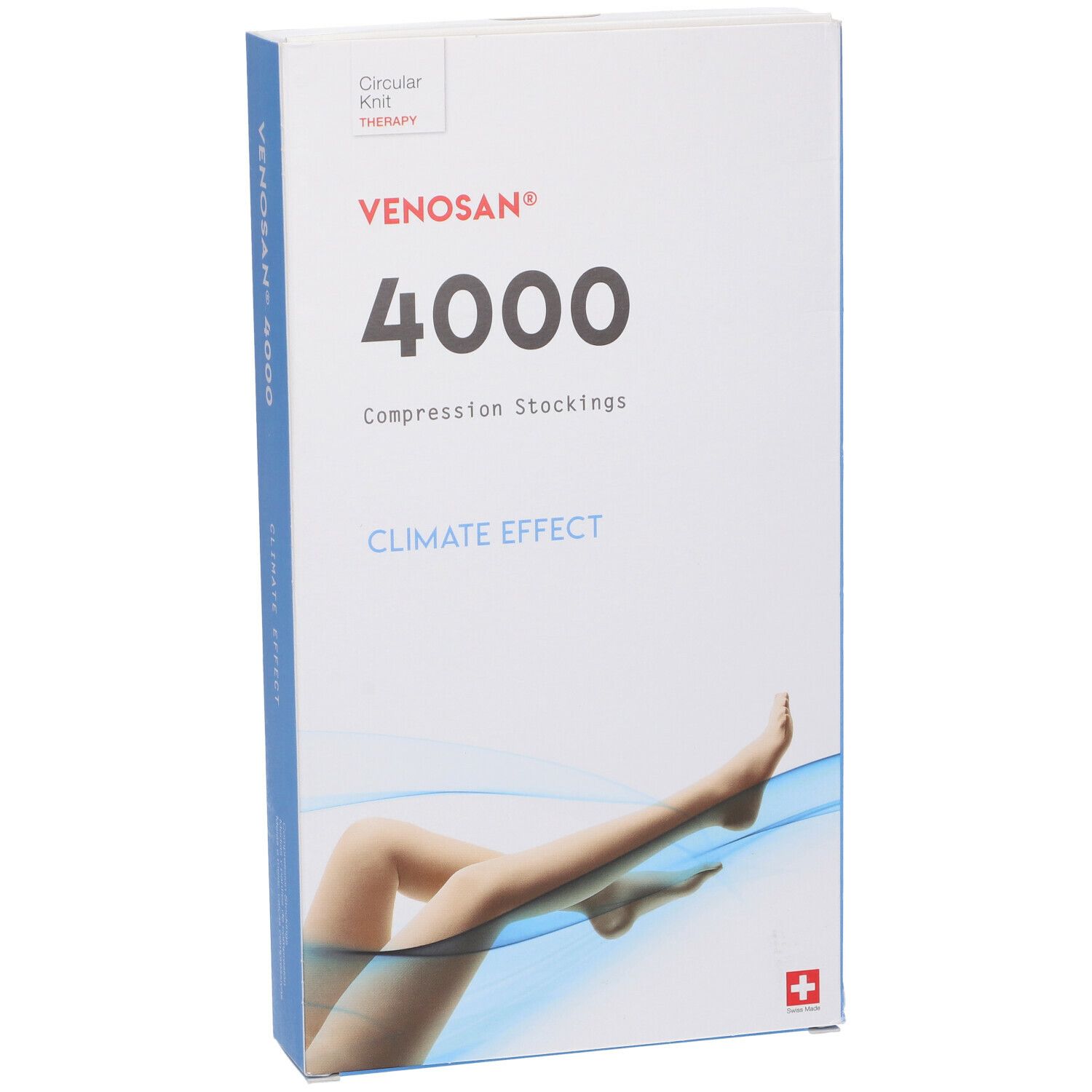Confezione di calze a compressione Venosan 4000. Scritta: 4000, Climate Effect. Immagine: gamba con calza. Croce svizzera.