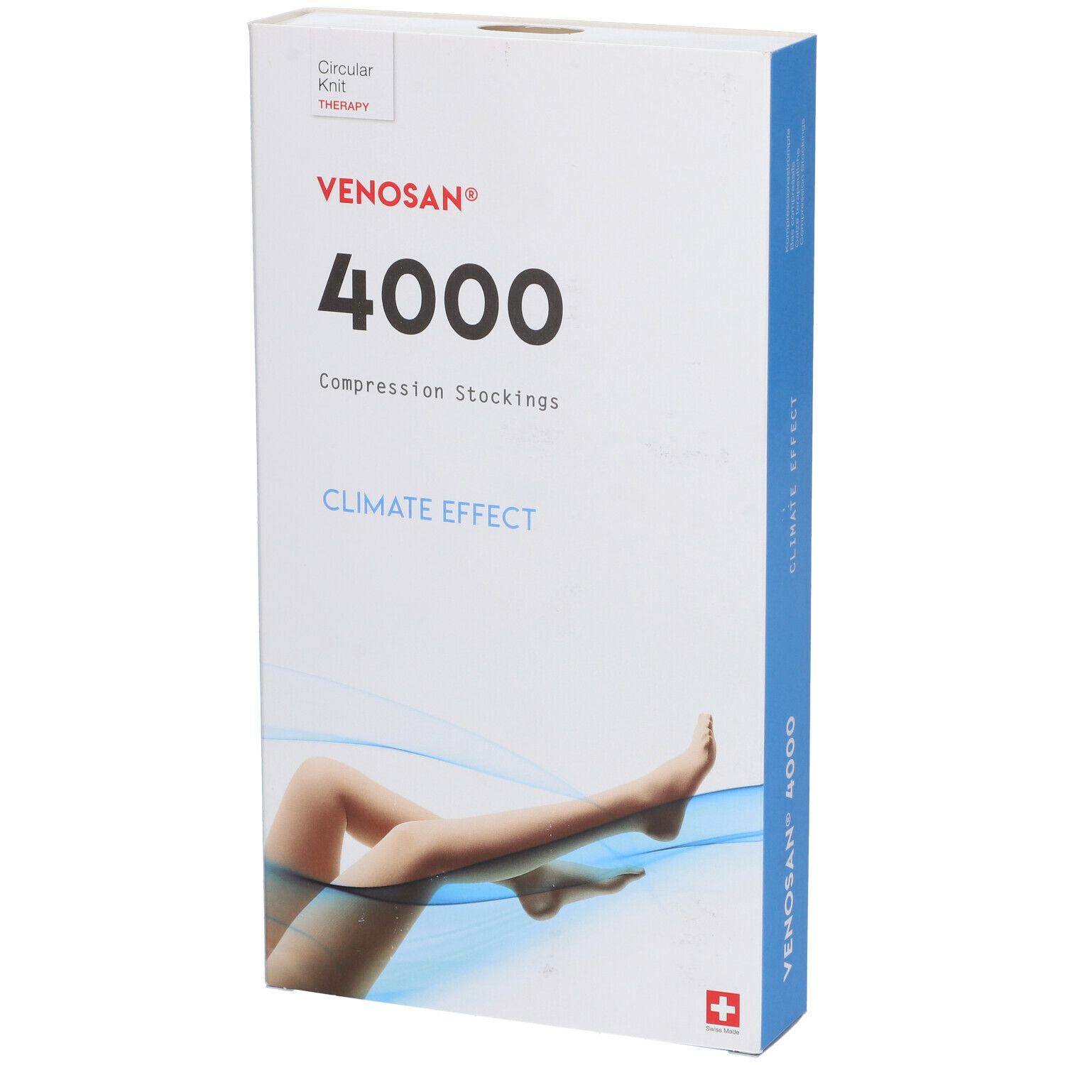 Confezione Venosan 4000, calze compressive. Illustrazione gamba. Lato blu. Croce svizzera.