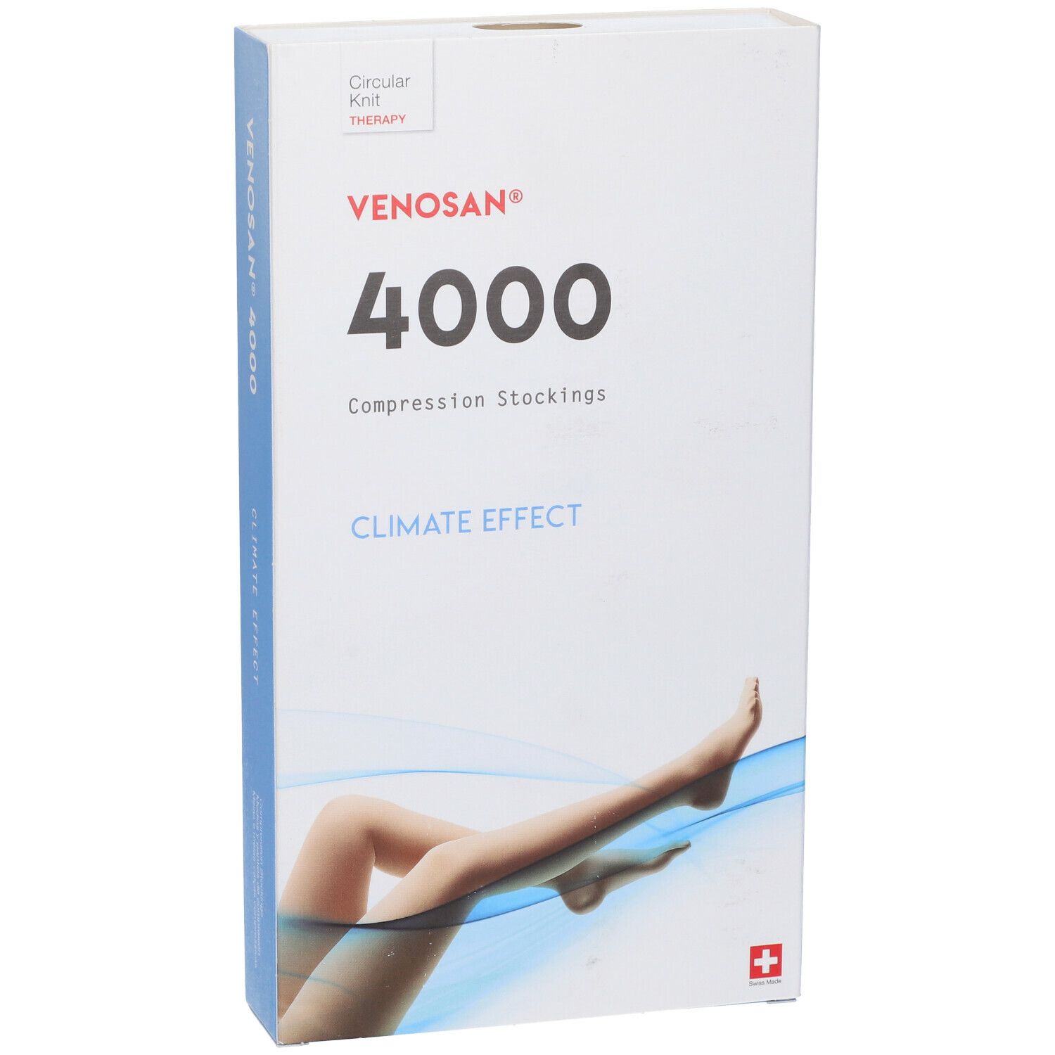 Confezione Venosan 4000, calze compressive. Illustrazione gamba. Lato blu. Croce svizzera.