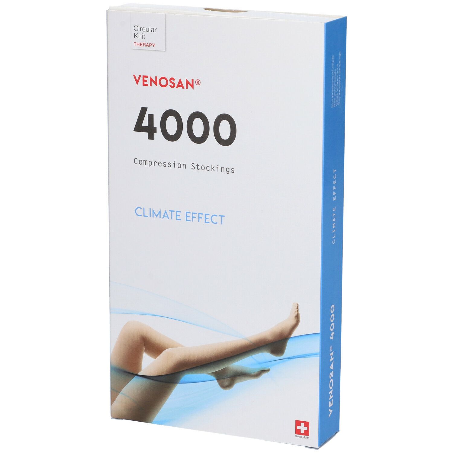 Confezione di calze a compressione Venosan 4000 in diagonale. Nome del prodotto, illustrazione della gamba e croce svizzera.