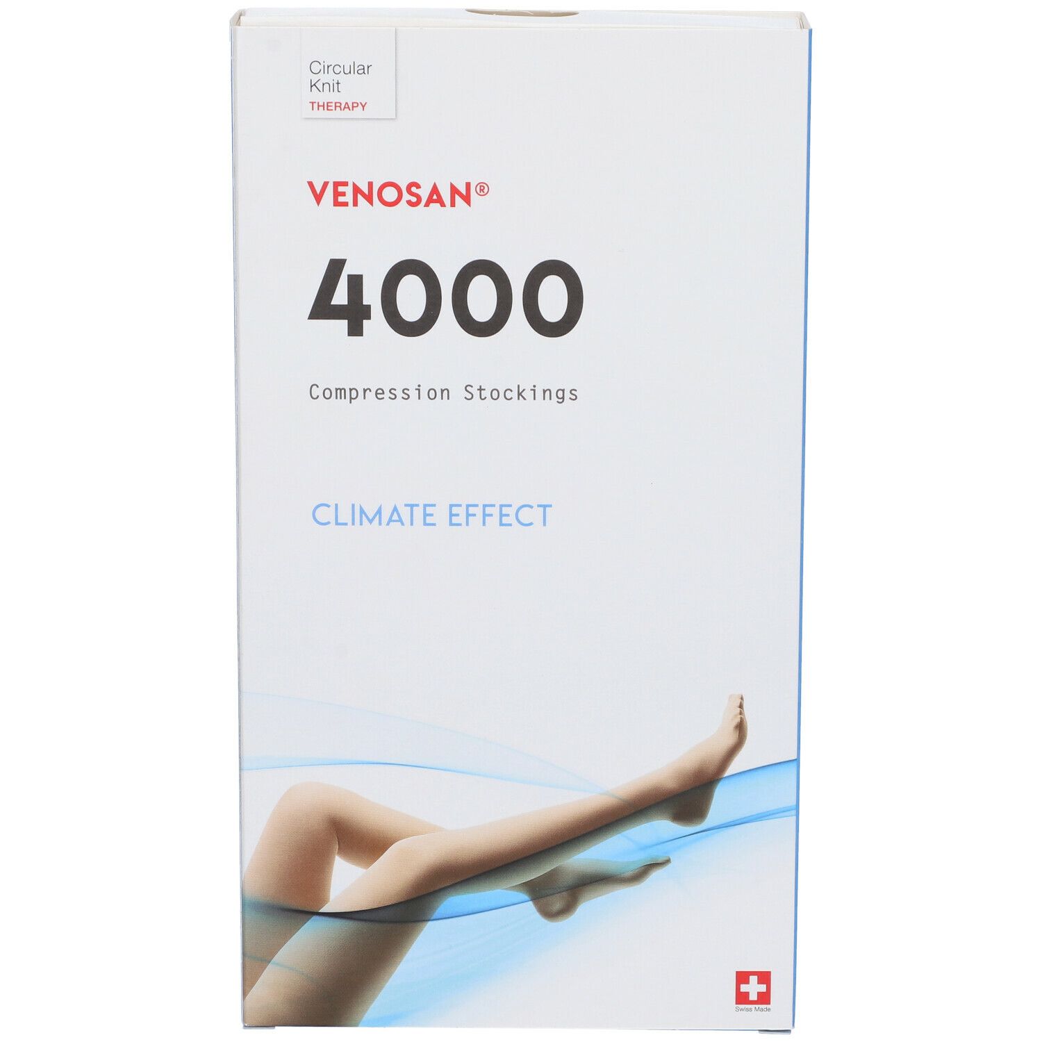 Confezione di calze a compressione Venosan 4000. Nome del prodotto, illustrazione della gamba e croce svizzera.