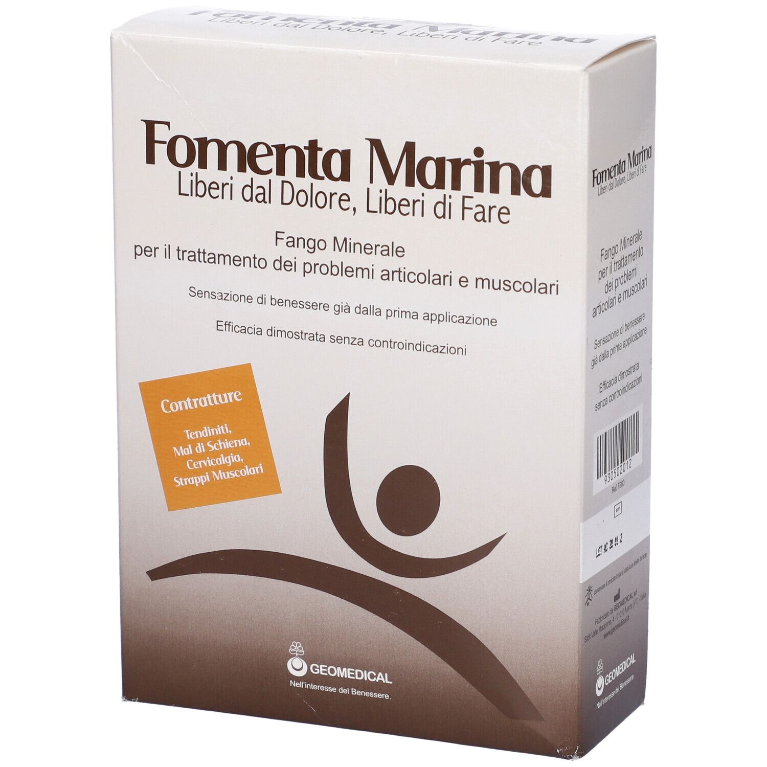 Scatola con testo Fomenta Marina, Fango Minerale. Riquadro arancione con testo Contratture.