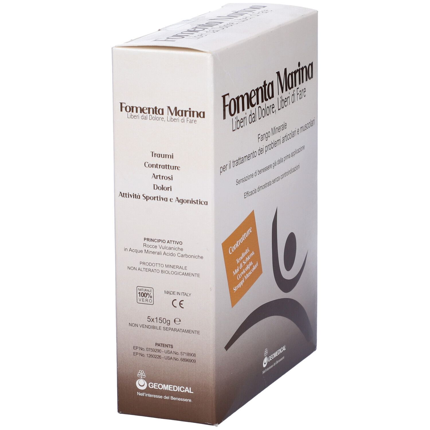 Confezione prodotto con testo Fomenta Marina, Fango Minerale. Testo: Contratture. 5x150g. Logo Geomedical.