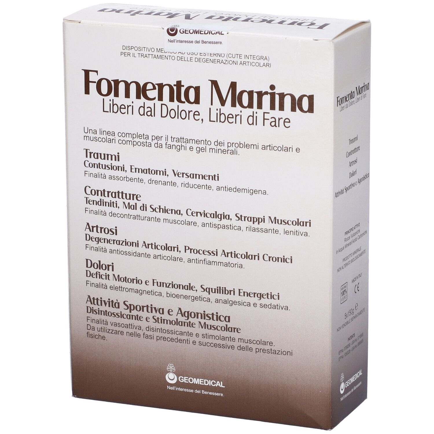 Confezione prodotto con testo Fomenta Marina. Testo: Traumi, Contratture, Artrosi, Dolori, Attività Sportiva.