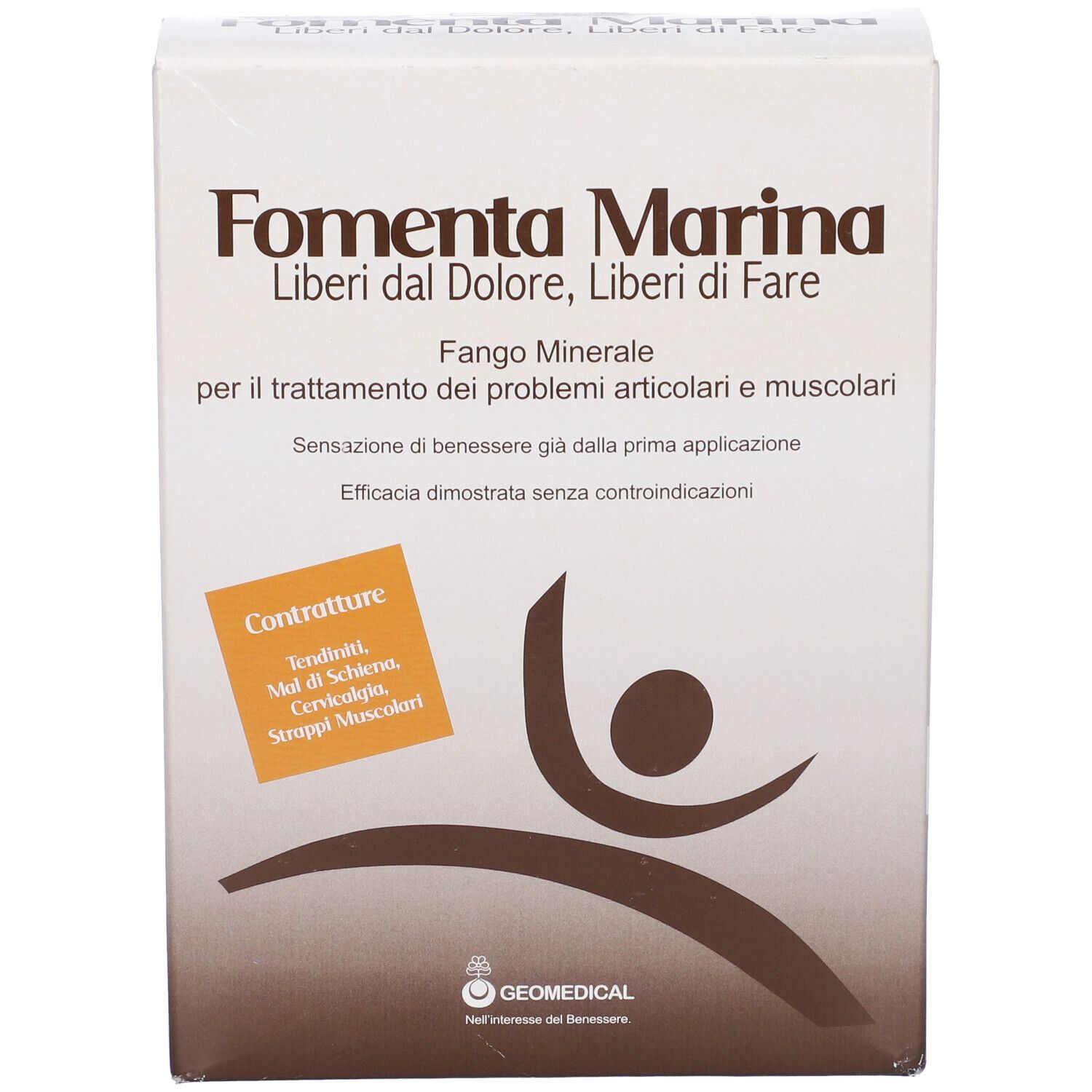 Confezione prodotto con testo Fomenta Marina, Fango Minerale. Riquadro arancione con testo Contratture.